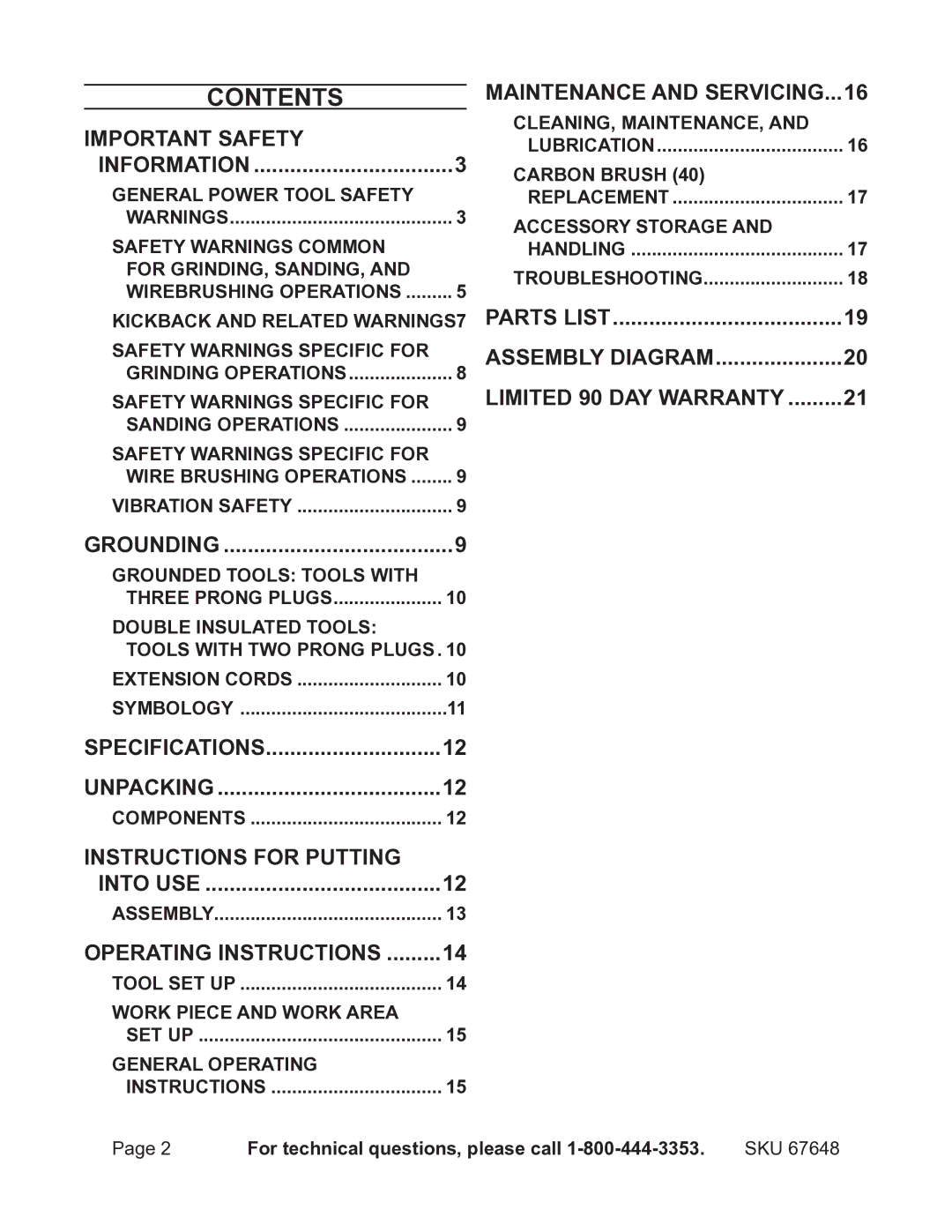 Chicago Electric 67648 operating instructions Contents 