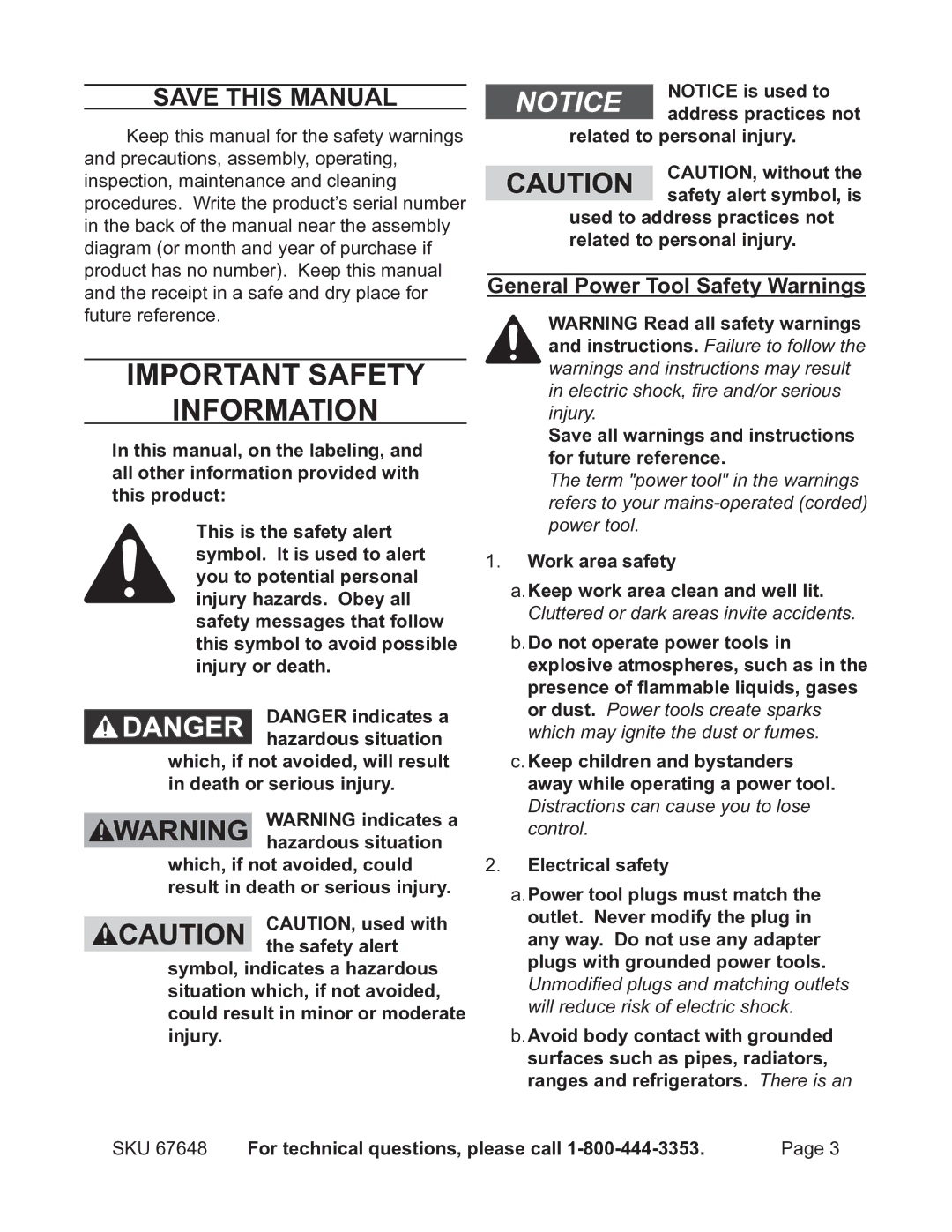 Chicago Electric 67648 operating instructions Save This Manual, General Power Tool Safety Warnings 