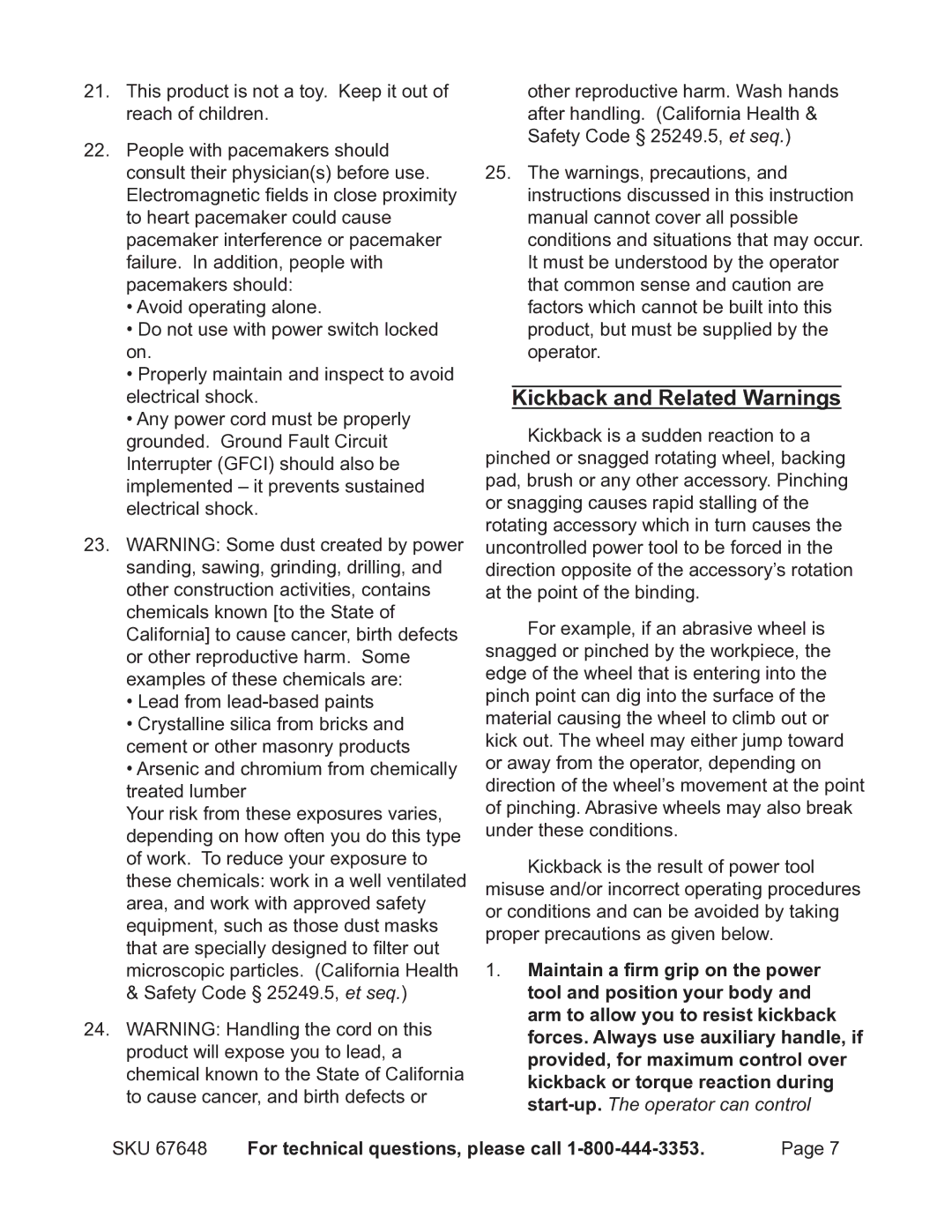 Chicago Electric 67648 operating instructions Kickback and Related Warnings 