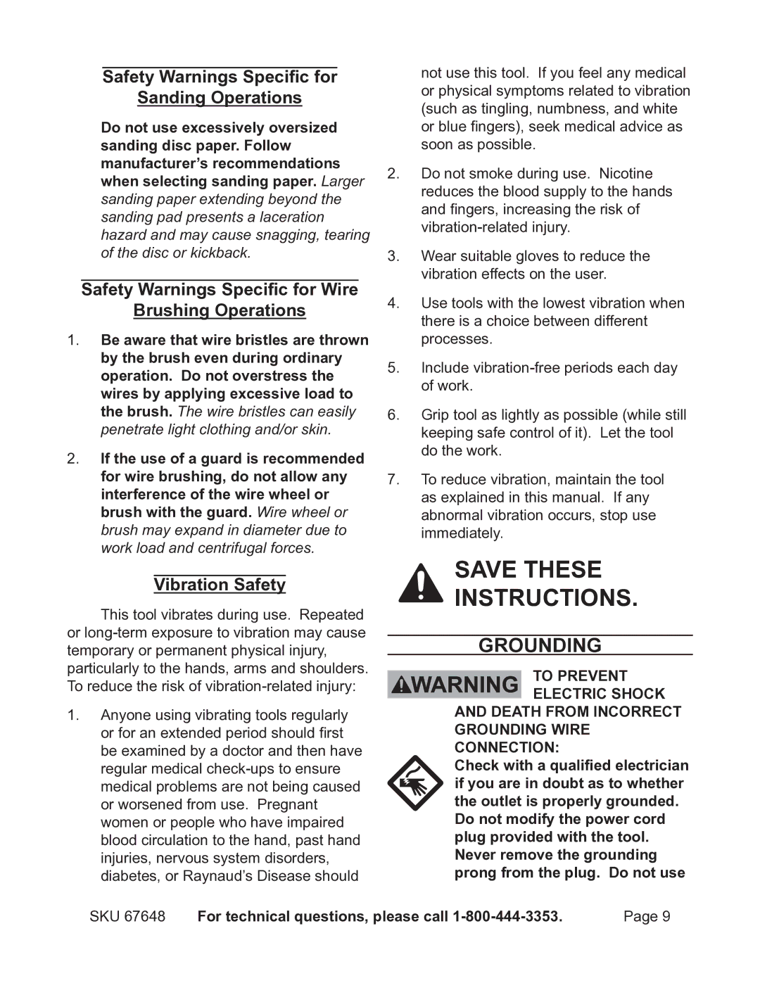 Chicago Electric 67648 operating instructions Grounding, Safety Warnings Specific for Sanding Operations, Vibration Safety 