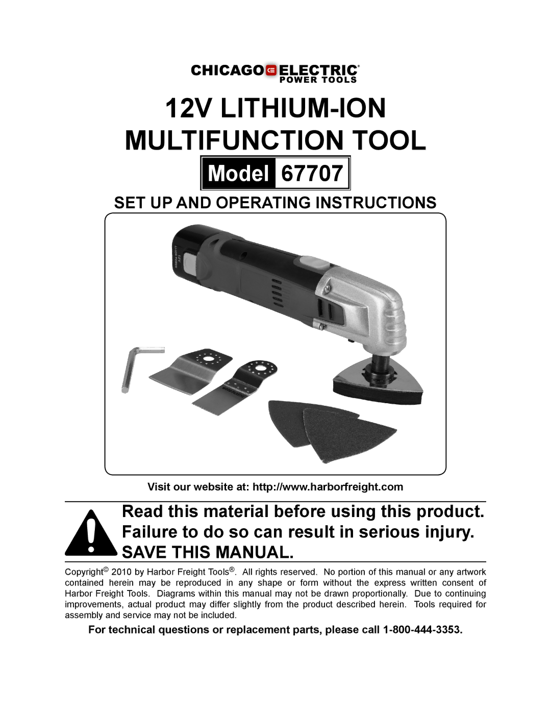 Chicago Electric 67707 operating instructions 12V Lithium-Ion Multifunction Tool 