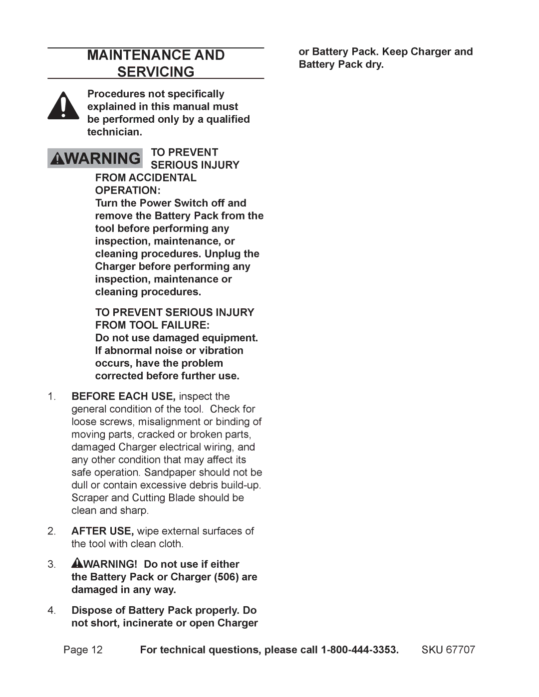 Chicago Electric 67707 operating instructions Maintenance Servicing 