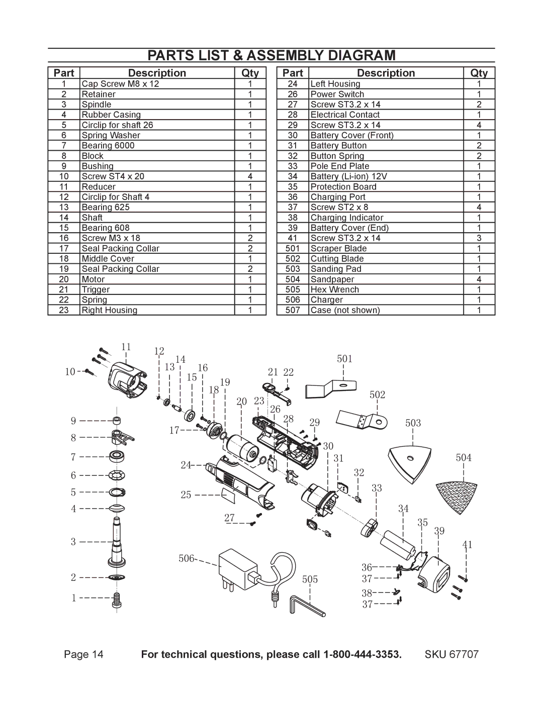 Chicago Electric 67707 Parts List & Assembly Diagram, Qty Part Description, Qty For technical questions, please call 