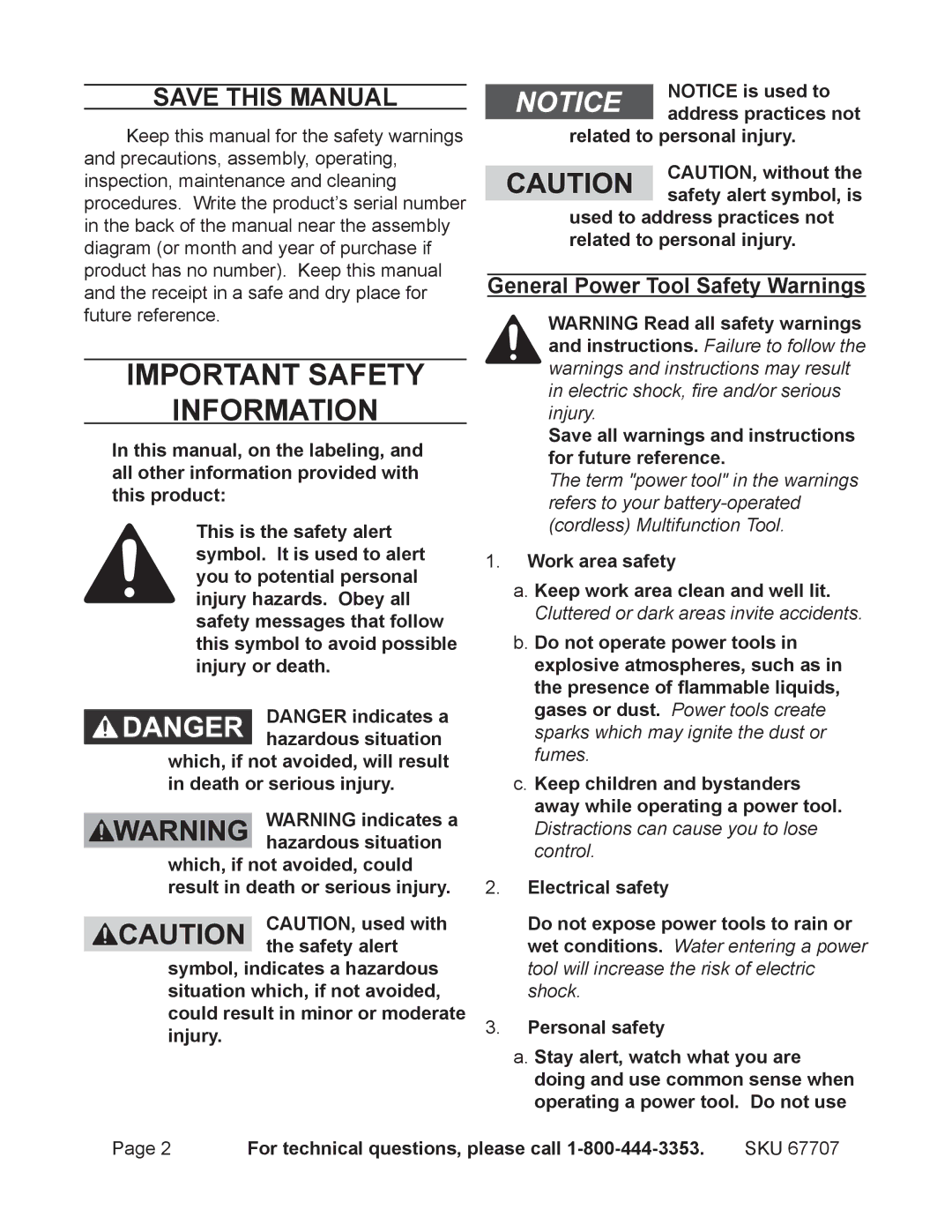 Chicago Electric 67707 operating instructions Save This Manual, General Power Tool Safety Warnings 