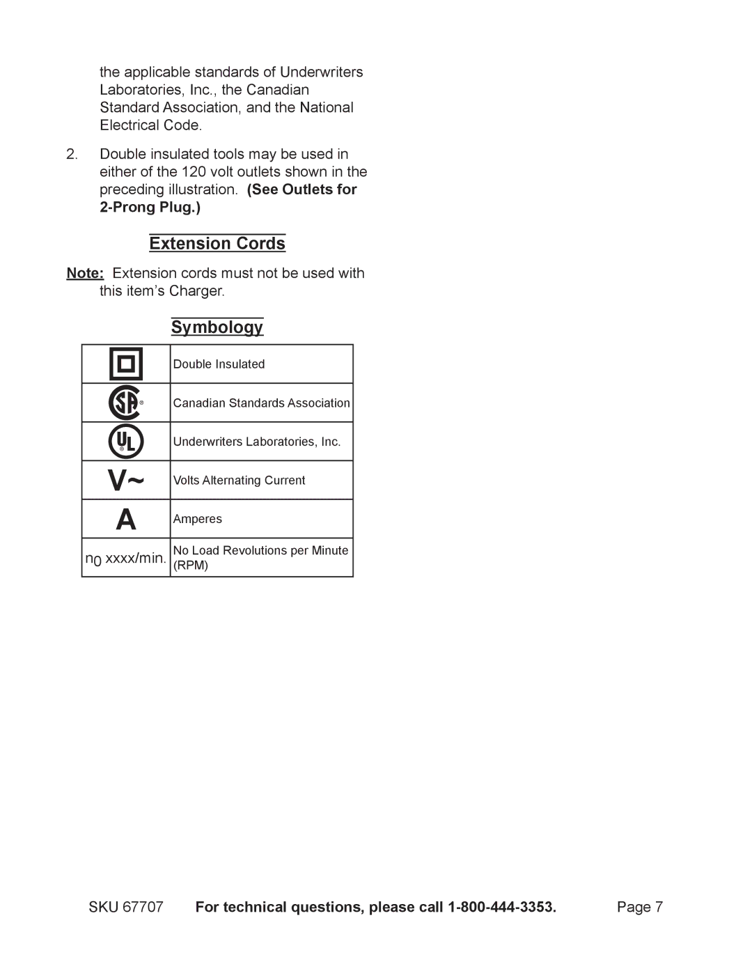 Chicago Electric 67707 operating instructions Extension Cords Symbology 