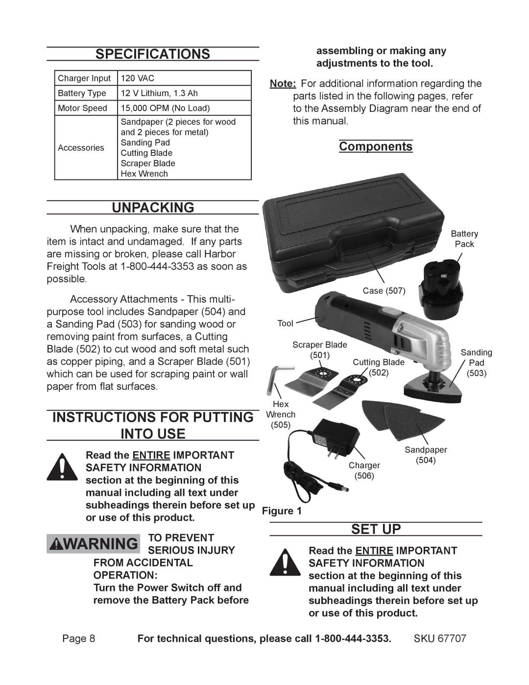 Chicago Electric 67707 Specifications, Unpacking, Instructions for putting Into use, Set up, Components 