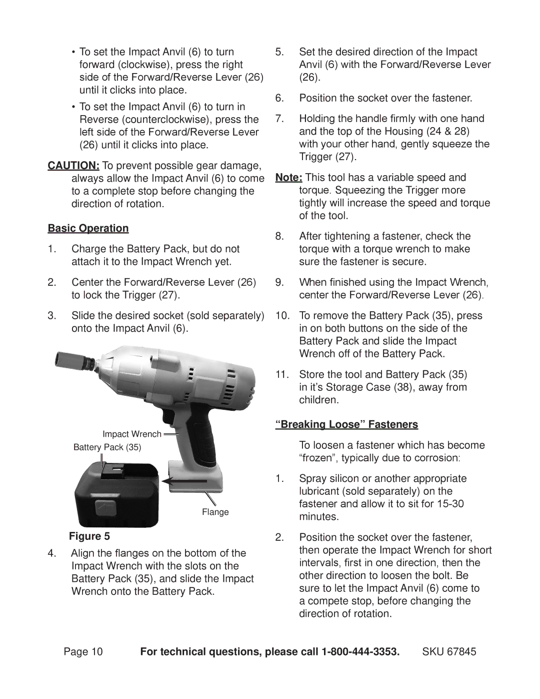 Chicago Electric 67845 operating instructions Basic Operation, Breaking Loose Fasteners 