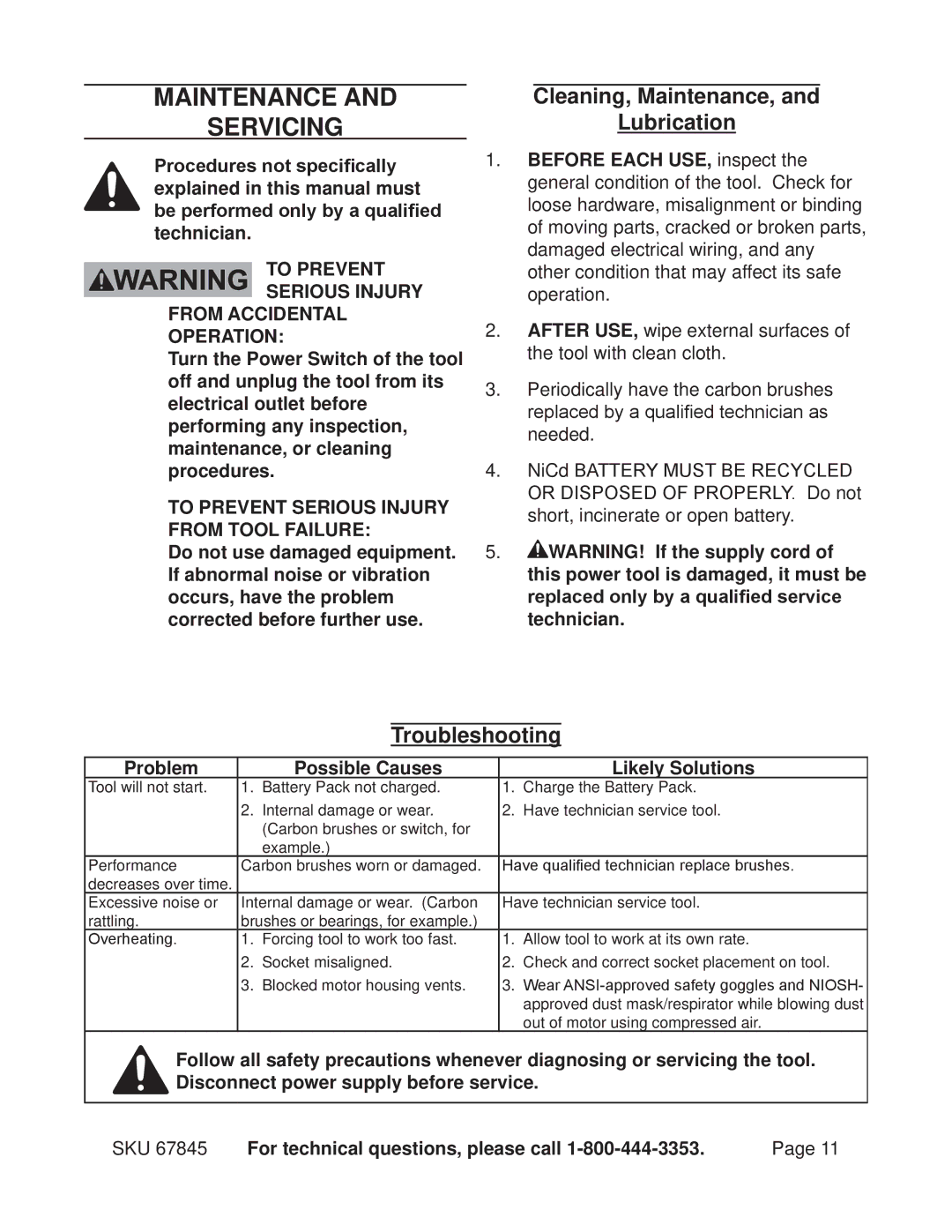 Chicago Electric 67845 operating instructions Maintenance Servicing, Cleaning, Maintenance, Lubrication, Troubleshooting 