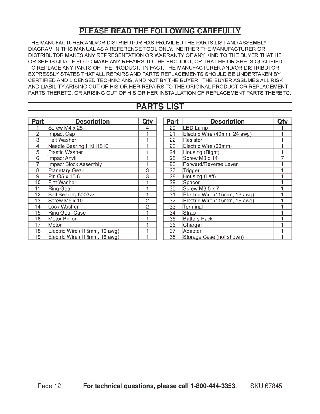 Chicago Electric 67845 operating instructions Parts List, Part Description Qty 