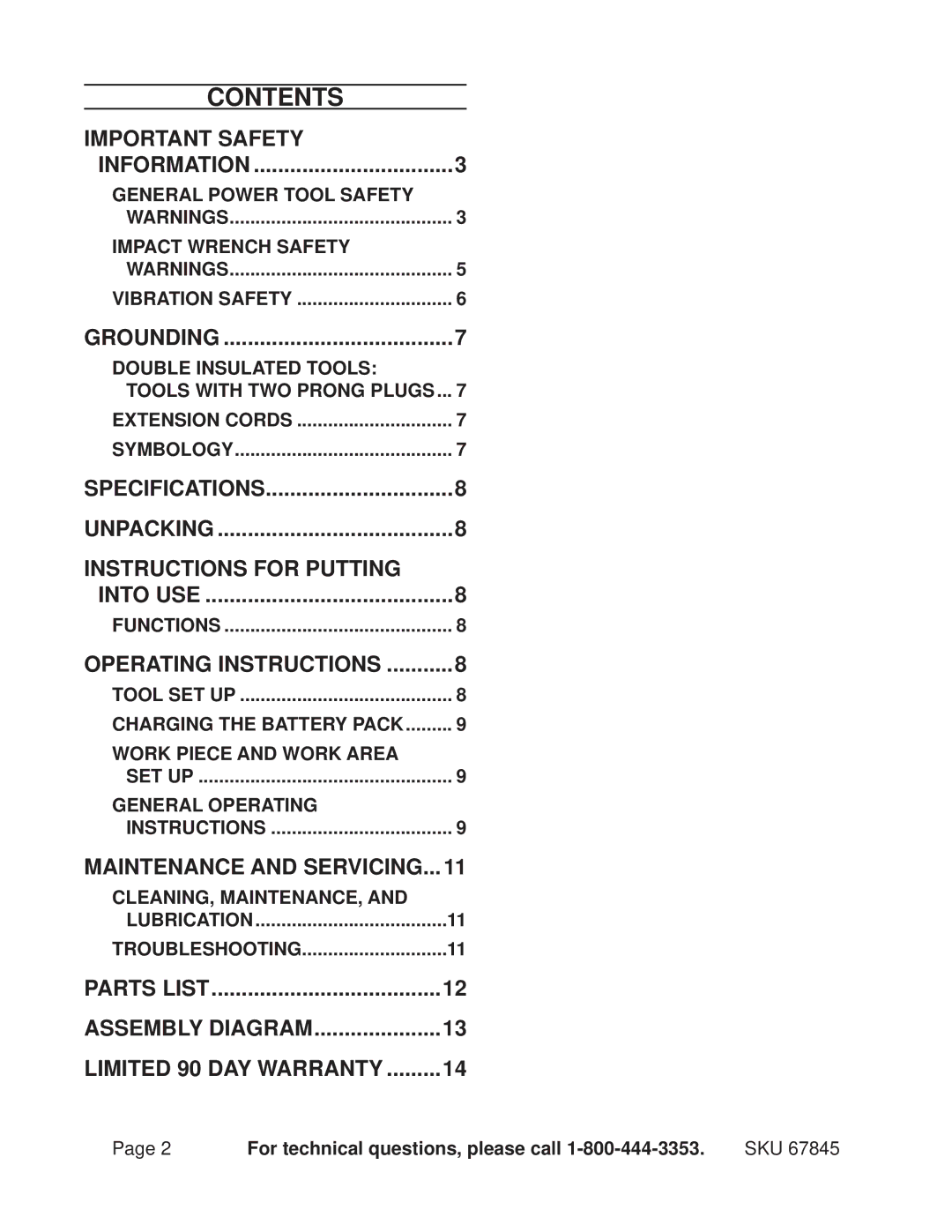 Chicago Electric 67845 operating instructions Contents 