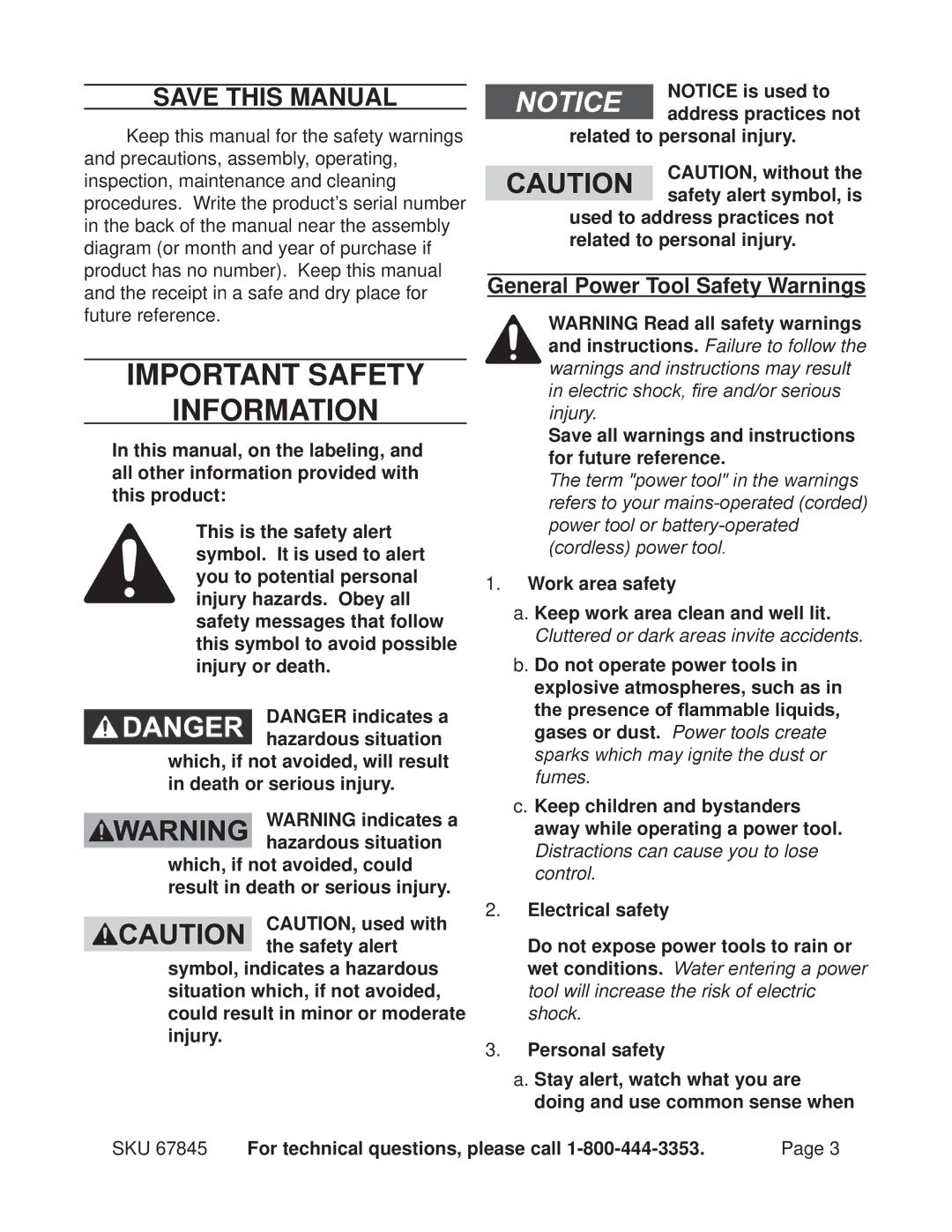 Chicago Electric 67845 Save This Manual, General Power Tool Safety Warnings, For technical questions, please call 