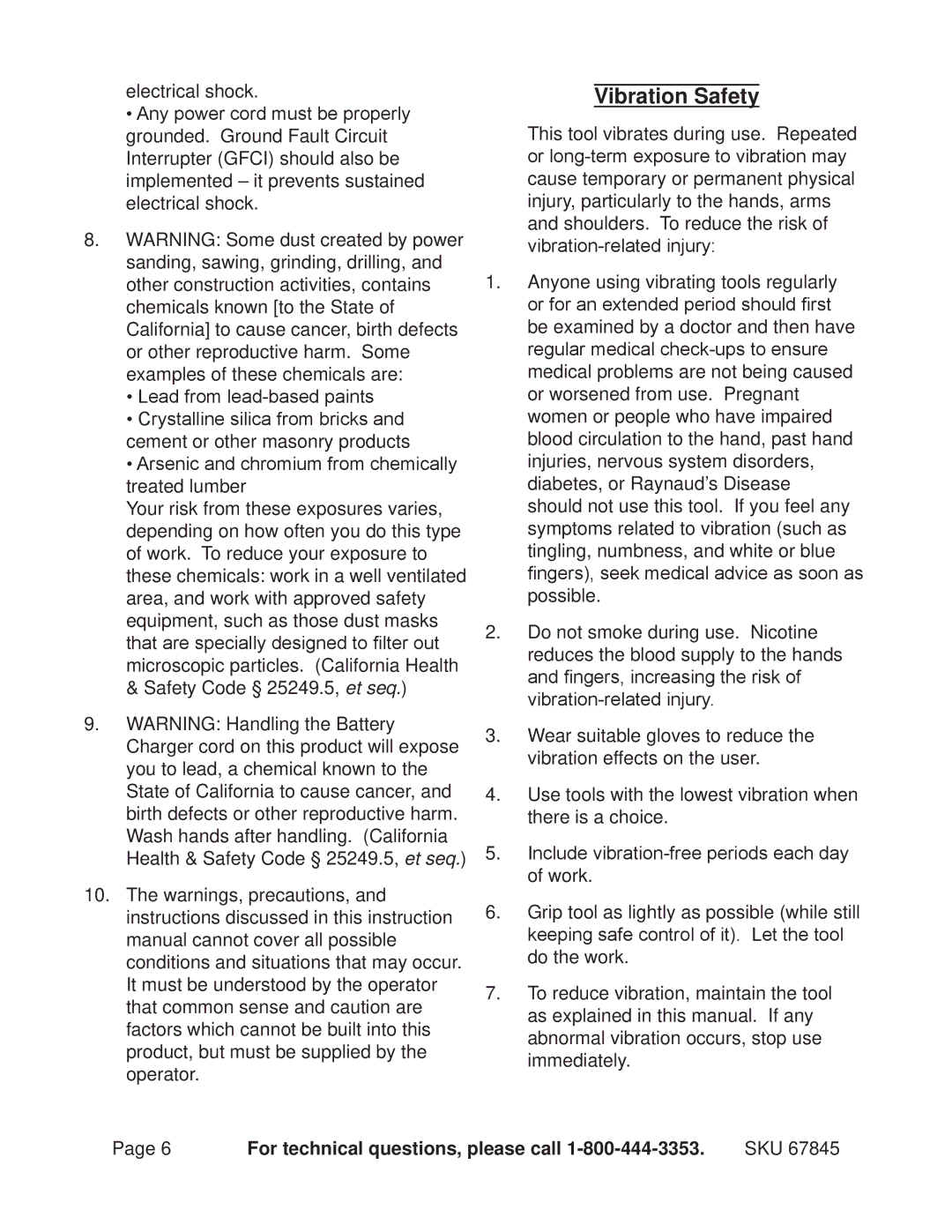 Chicago Electric 67845 operating instructions Vibration Safety 