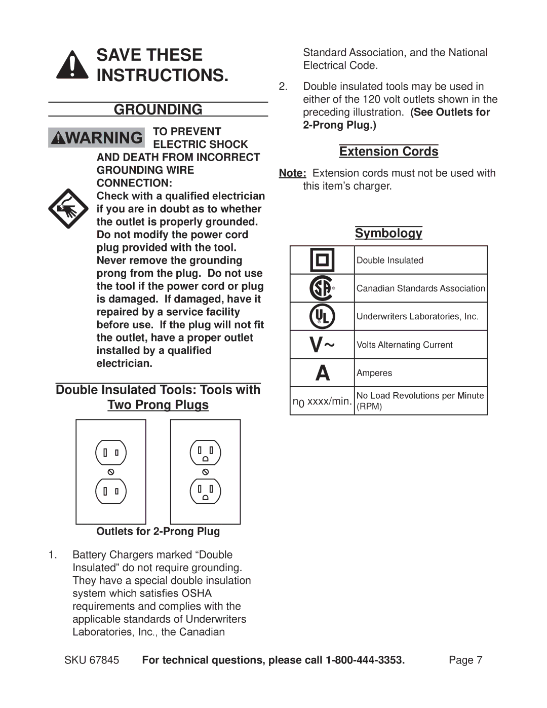 Chicago Electric 67845 operating instructions Grounding, Double Insulated Tools Tools with Two Prong Plugs, Extension Cords 