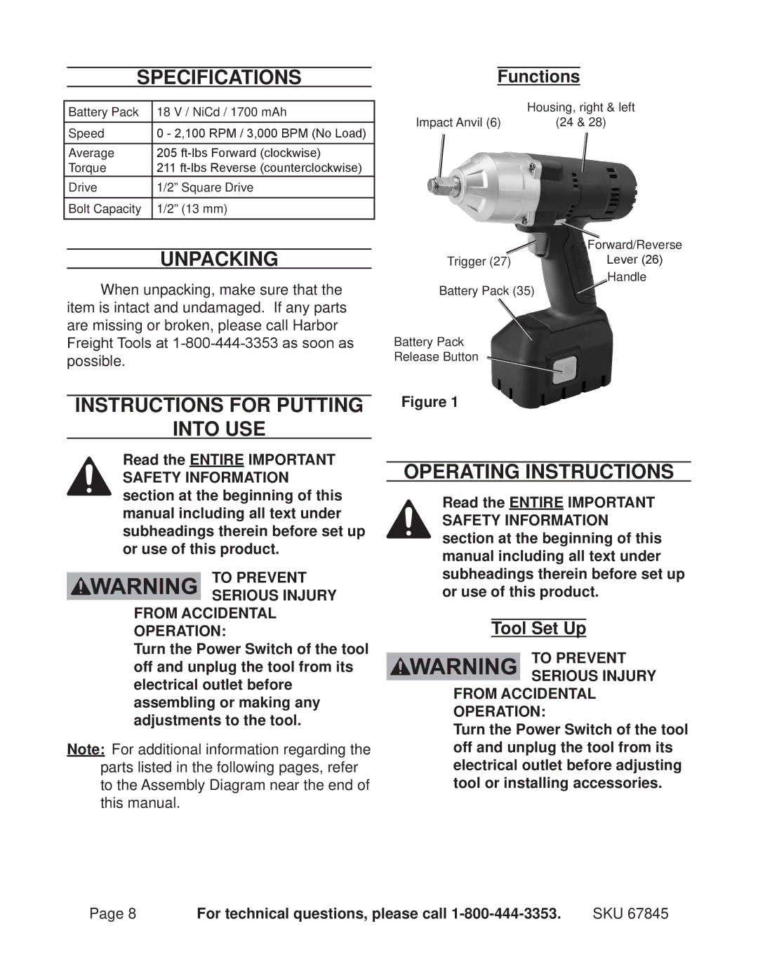 Chicago Electric 67845 SpecificationsFunctions, Unpacking, Instructions for putting Into use, Operating Instructions 