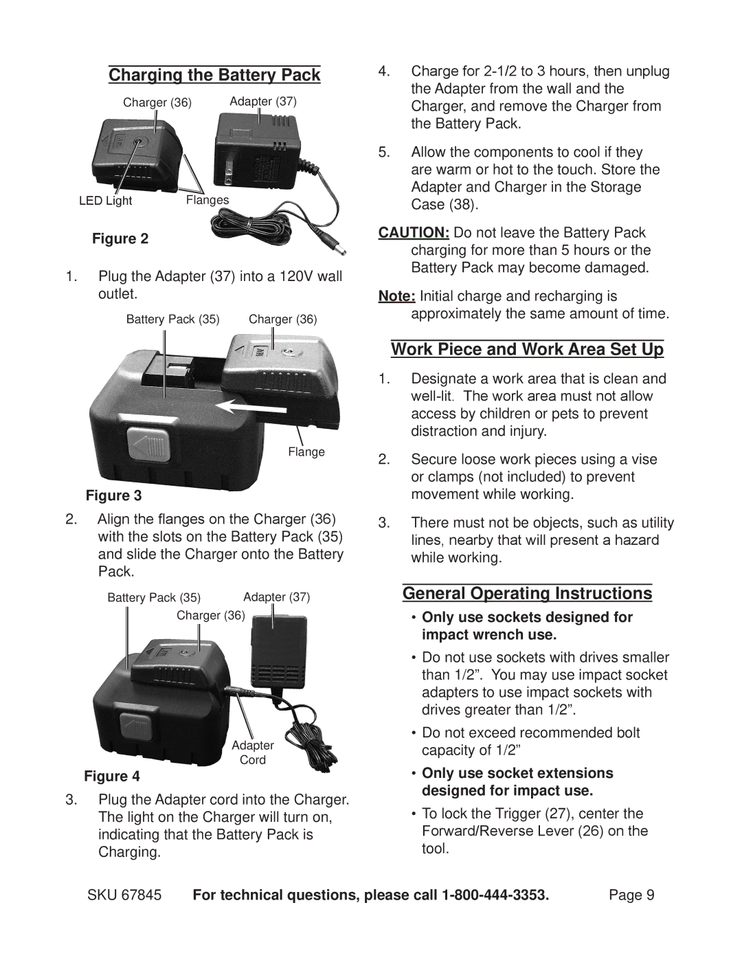 Chicago Electric 67845 Charging the Battery Pack, Work Piece and Work Area Set Up, General Operating Instructions 