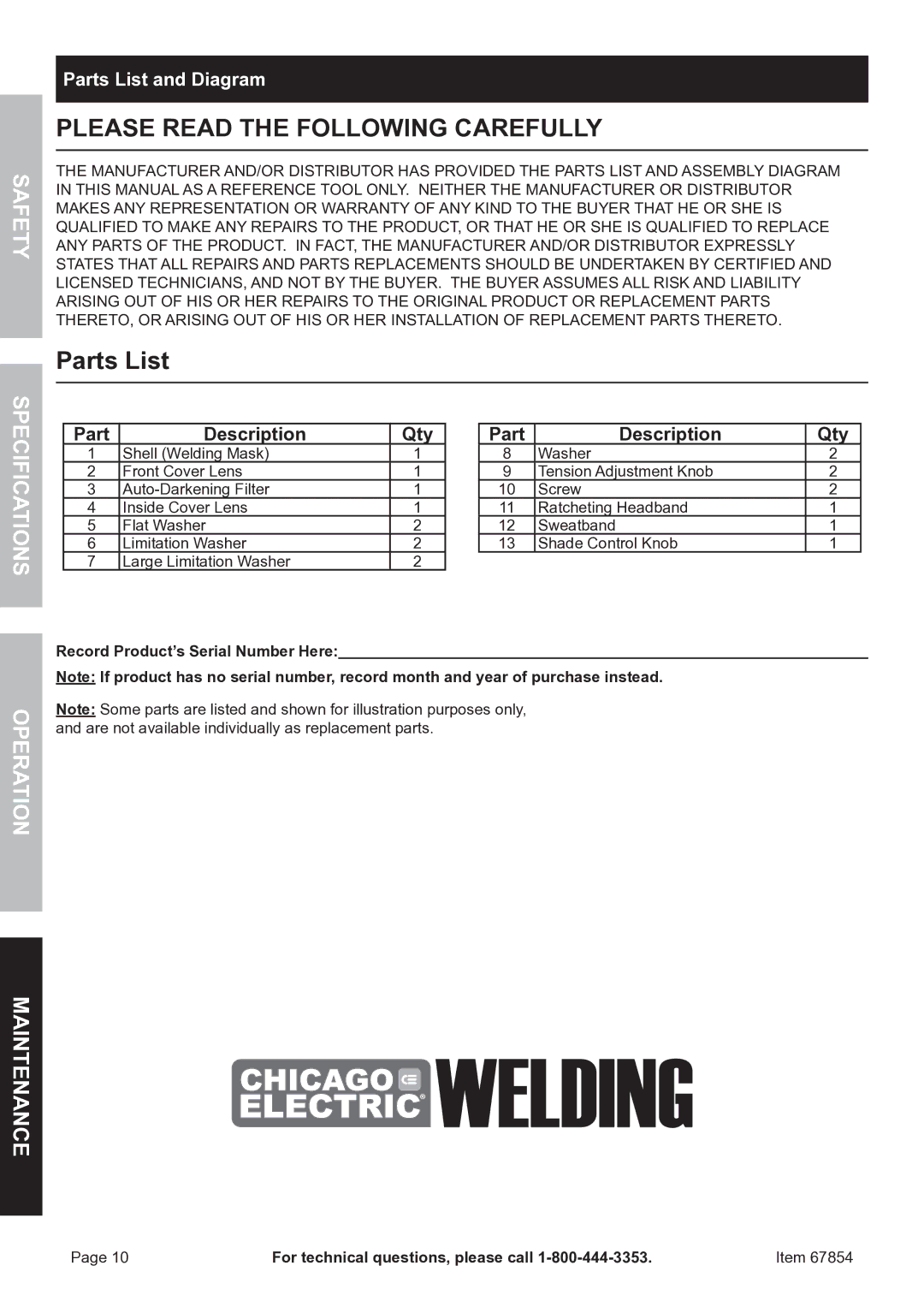 Chicago Electric 67854 manual Parts List and Diagram 