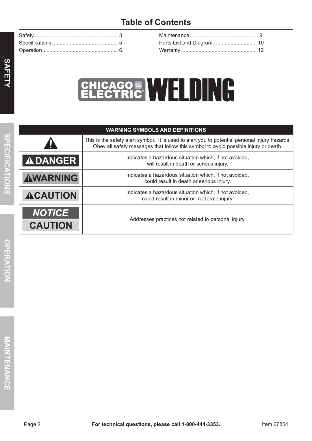 Chicago Electric 67854 manual Table of Contents 