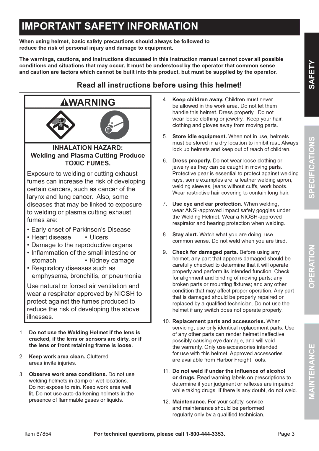 Chicago Electric 67854 manual Safety, Specifications Operation Maintenance 