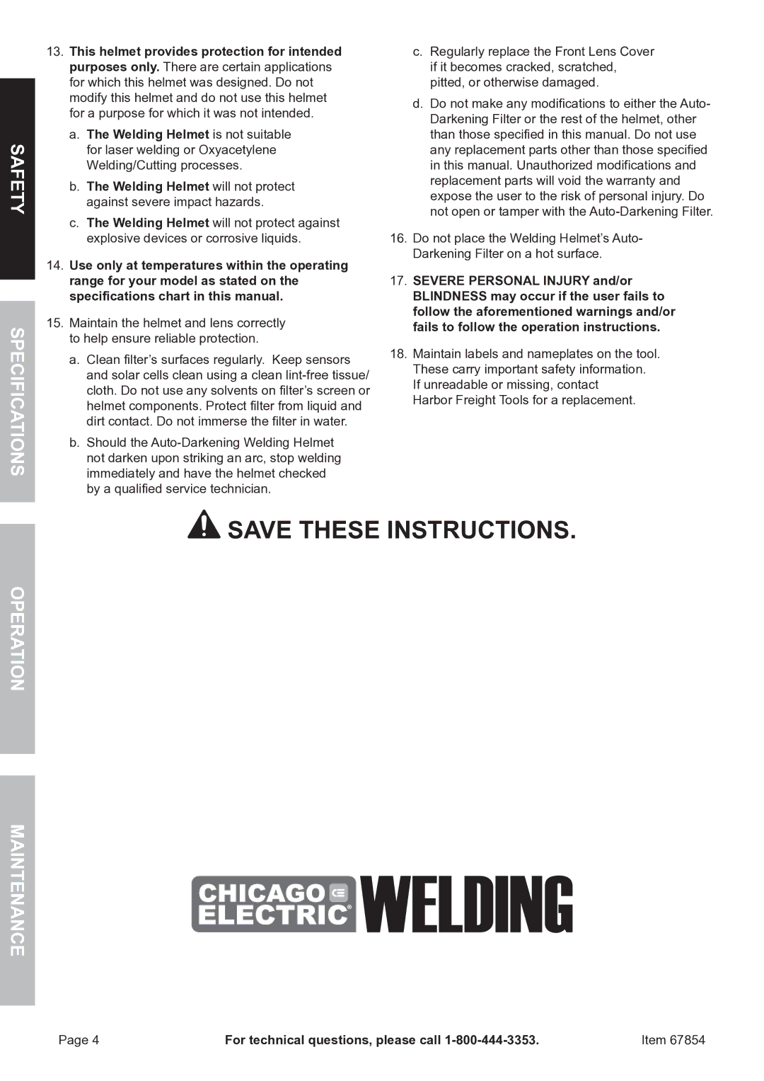 Chicago Electric 67854 manual Safety Specifications, Operation Maintenance 