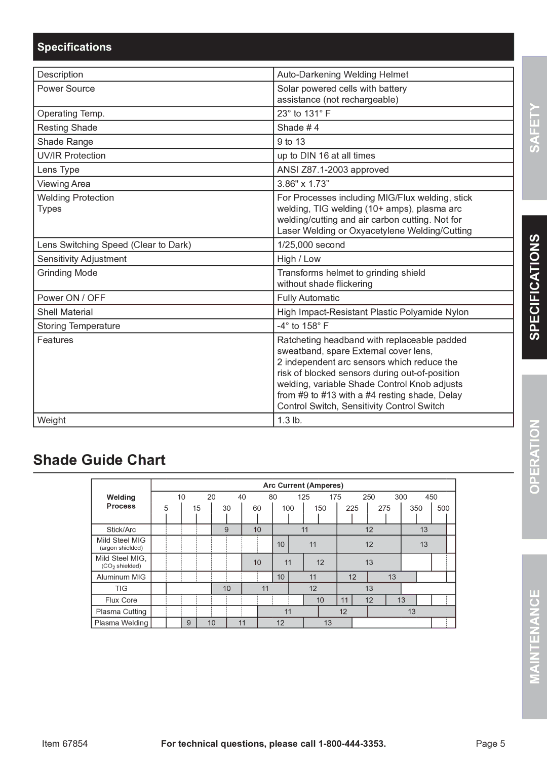 Chicago Electric 67854 manual Shade Guide Chart, Specifications 