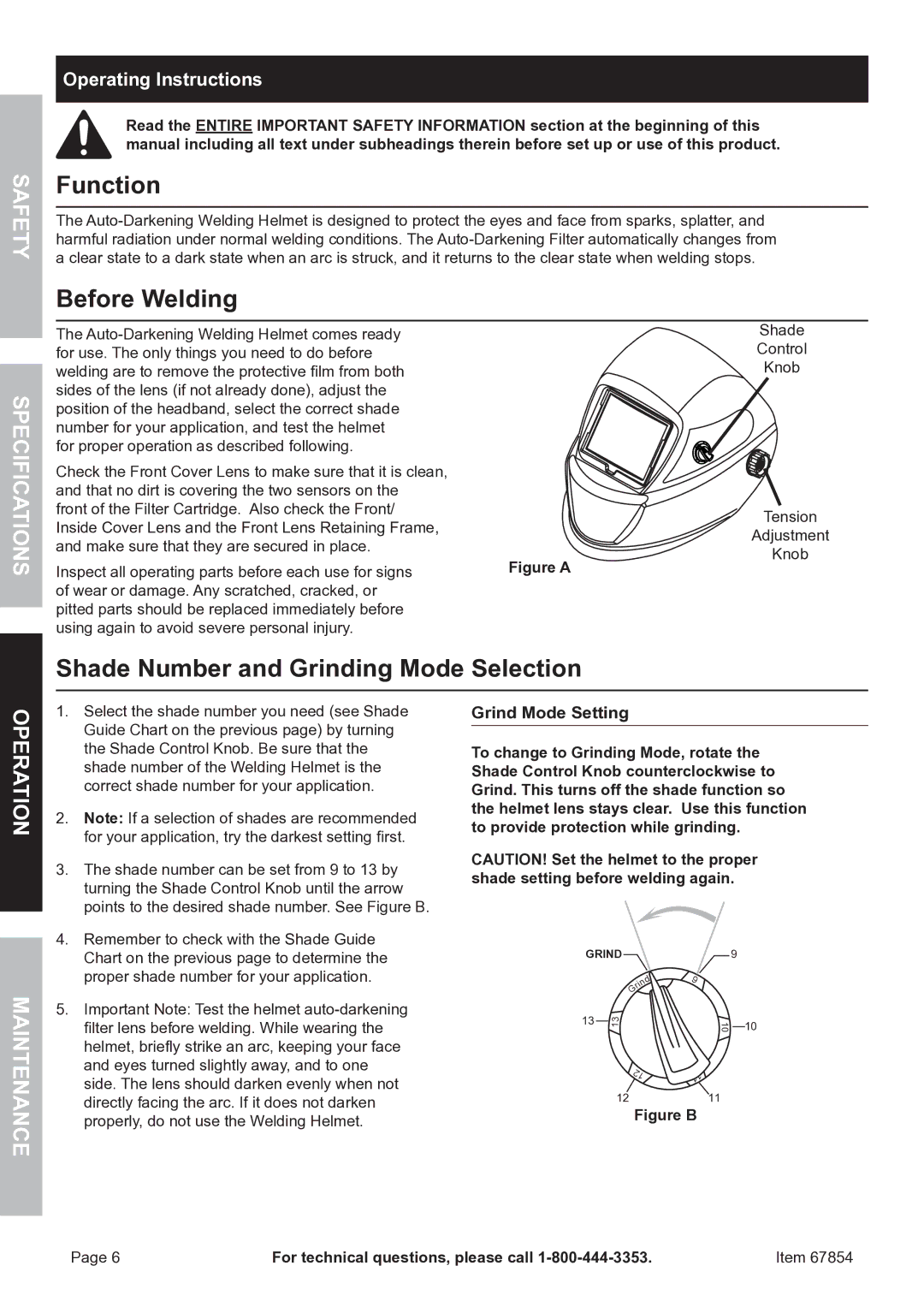 Chicago Electric 67854 manual Function, Before Welding, Shade Number and Grinding Mode Selection, Operating Instructions 