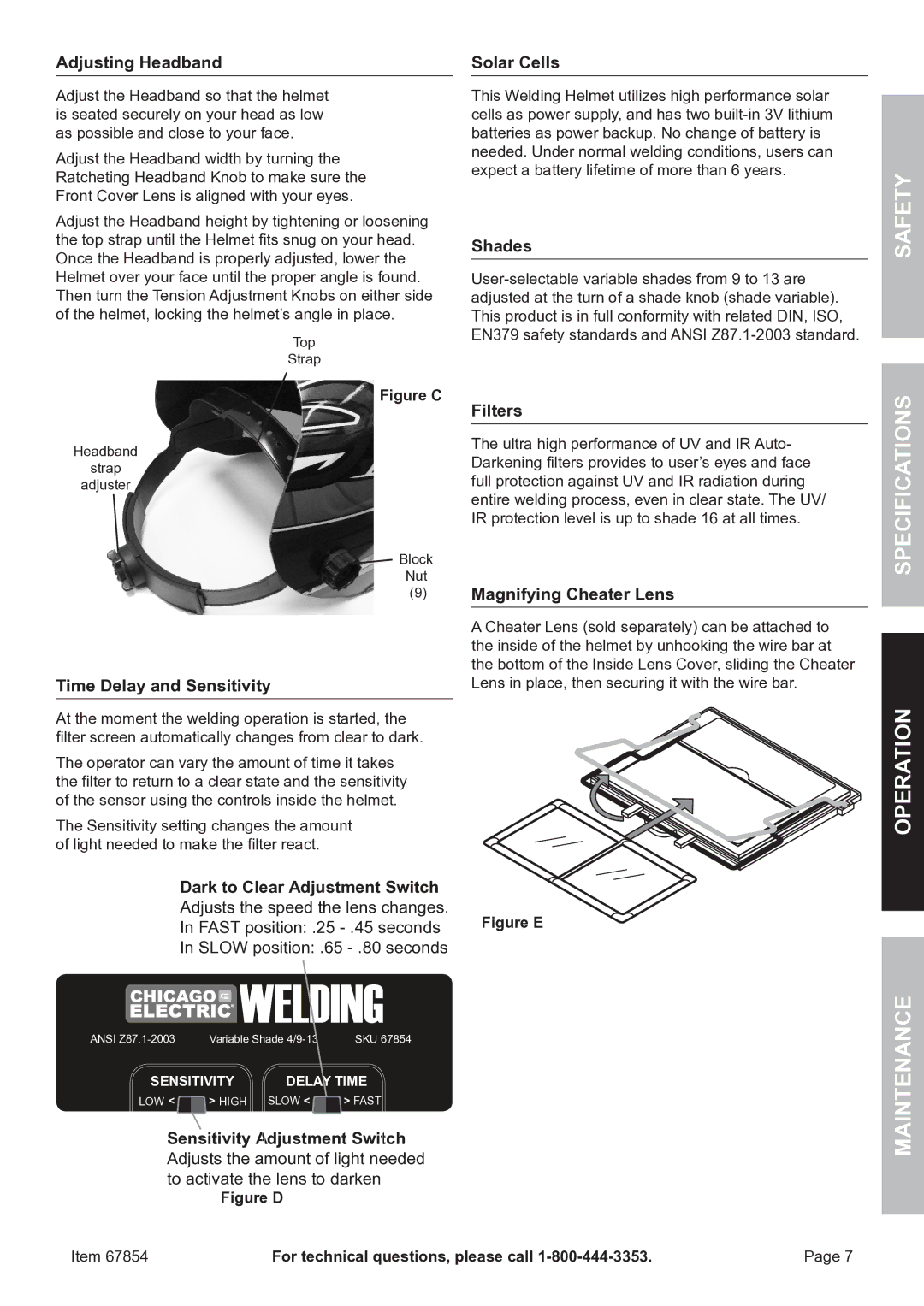 Chicago Electric 67854 manual Specifications Operation, Adjusting Headband 