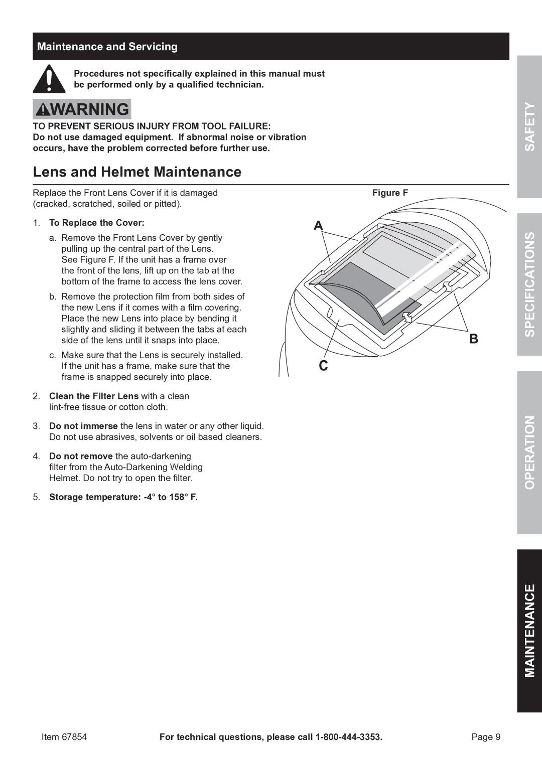 Chicago Electric 67854 manual Lens and Helmet Maintenance, Maintenance and Servicing 