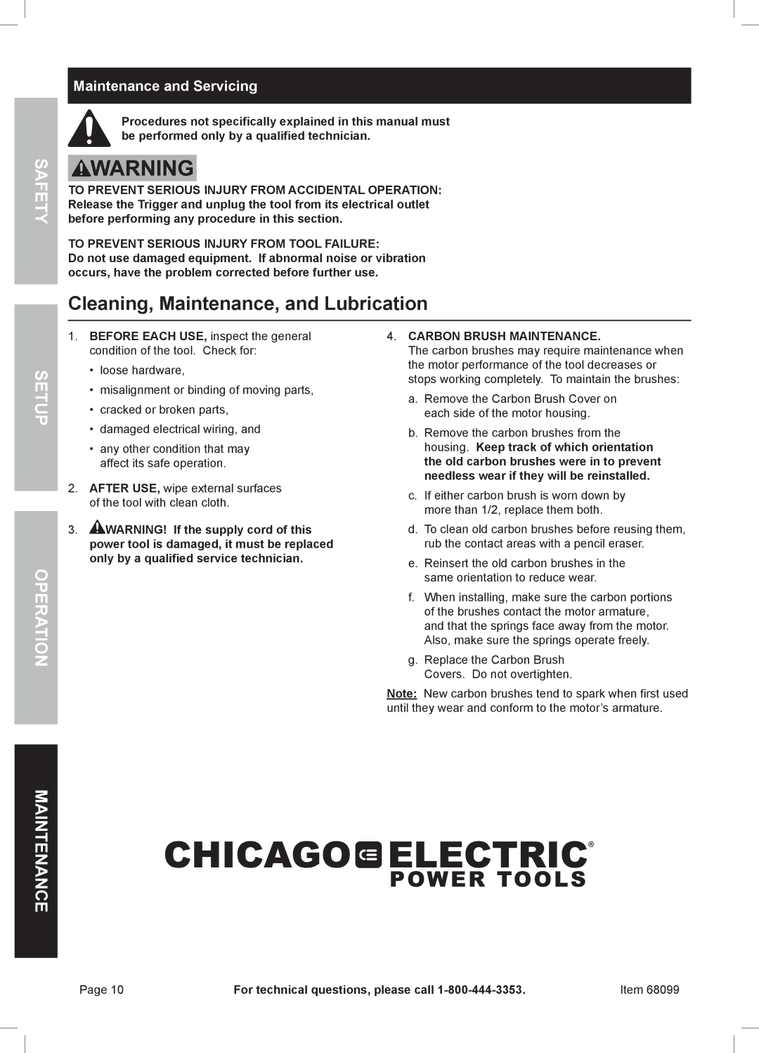 Chicago Electric 68099 owner manual Cleaning, Maintenance, and Lubrication, Maintenance and Servicing 