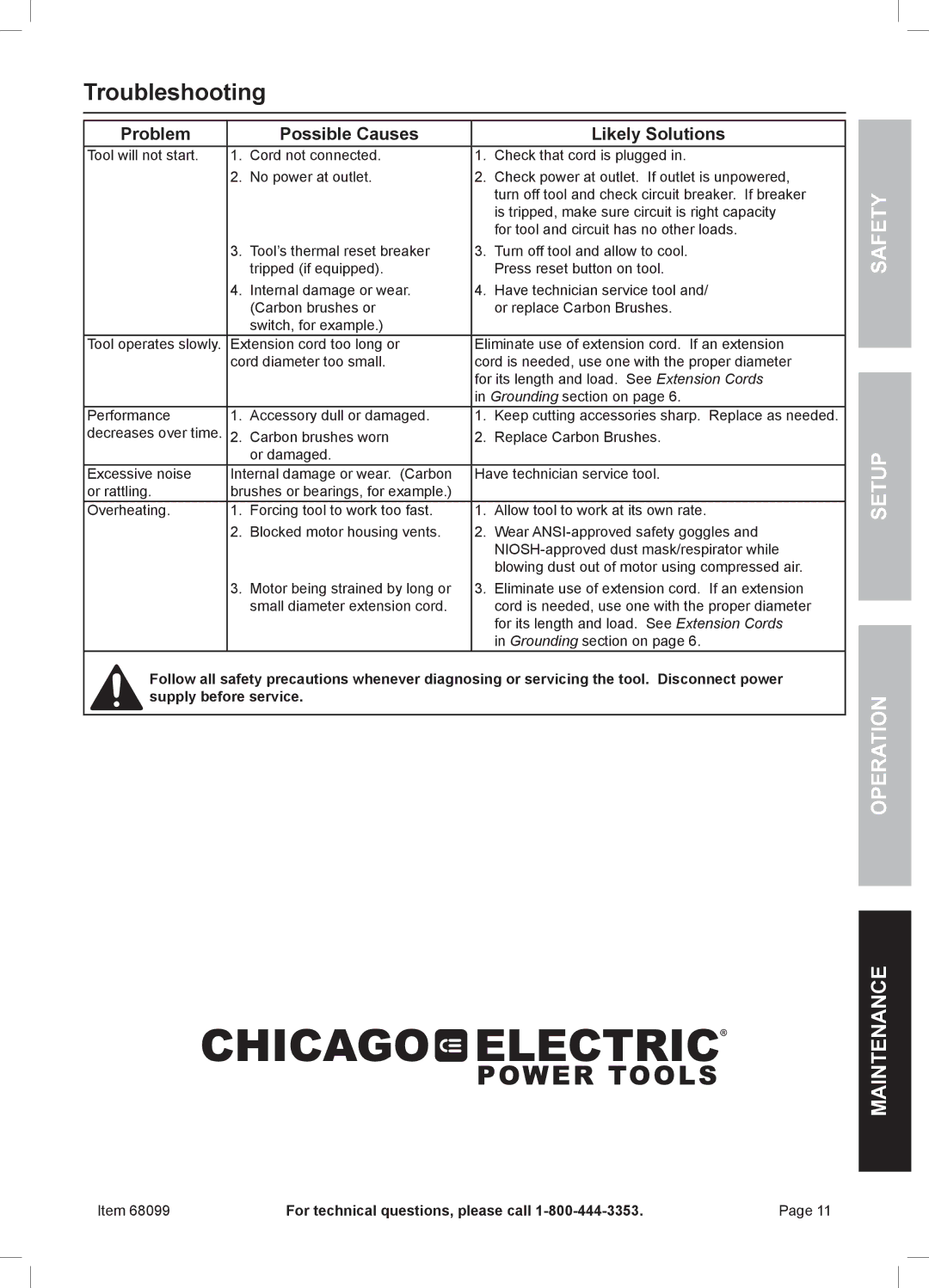 Chicago Electric 68099 owner manual Troubleshooting, Problem Possible Causes Likely Solutions 