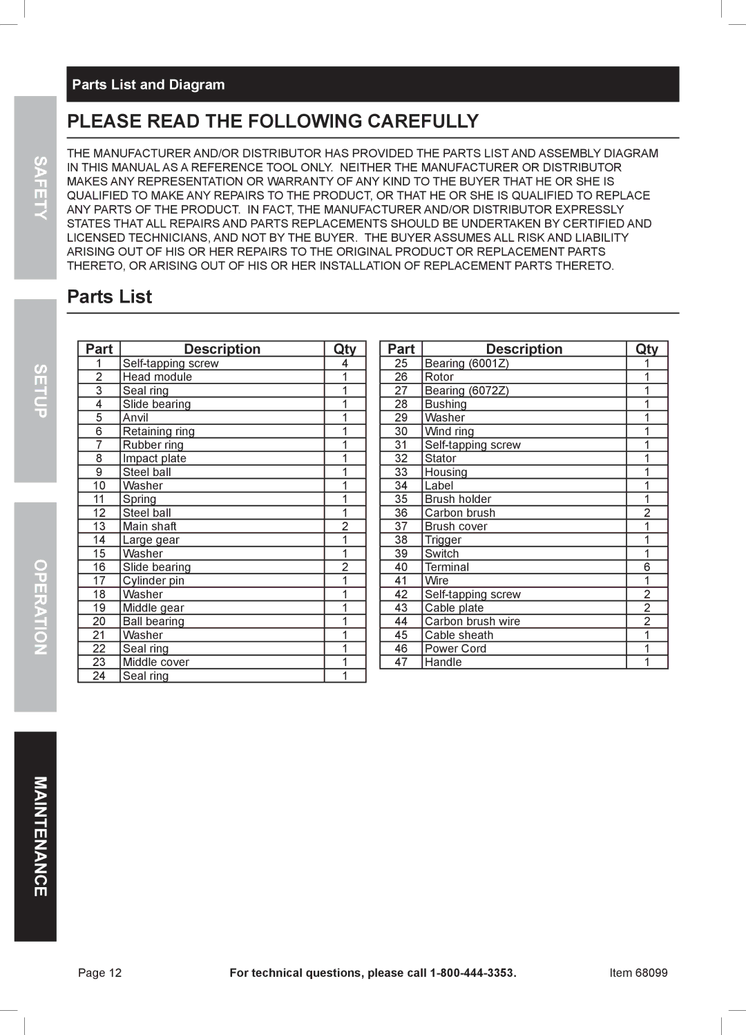 Chicago Electric 68099 owner manual Parts List and Diagram 