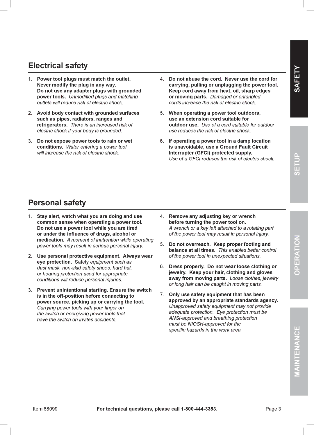 Chicago Electric 68099 owner manual Electrical safety, Personal safety, Safety Setup Operation Maintenance 