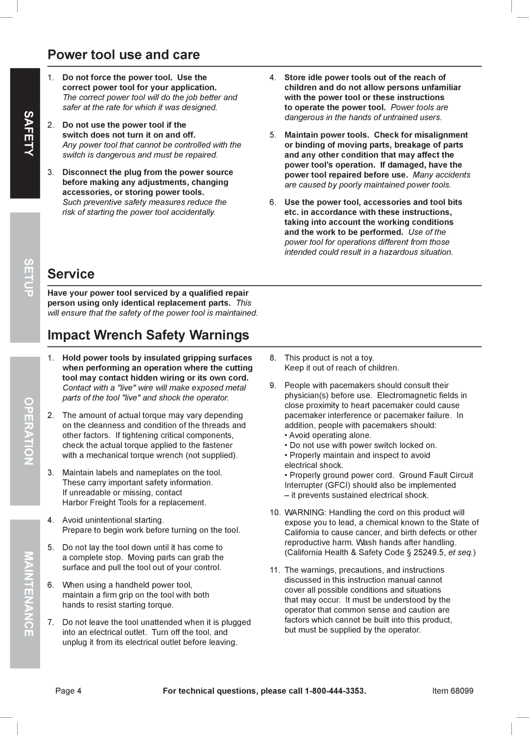 Chicago Electric 68099 Power tool use and care, Service, Impact Wrench Safety Warnings, Fet Sa, Rati Ope Maintenan 