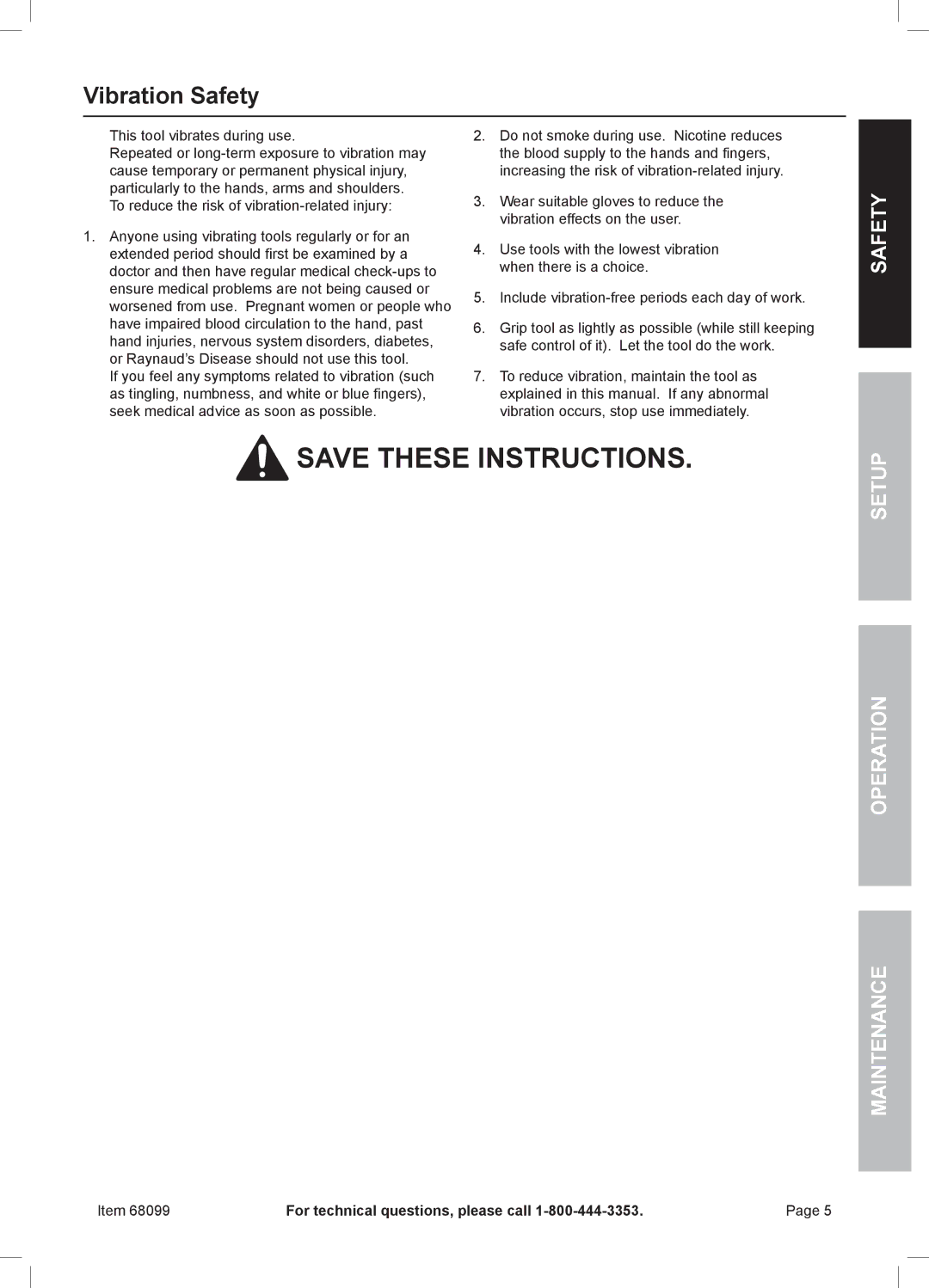 Chicago Electric 68099 owner manual Vibration Safety 