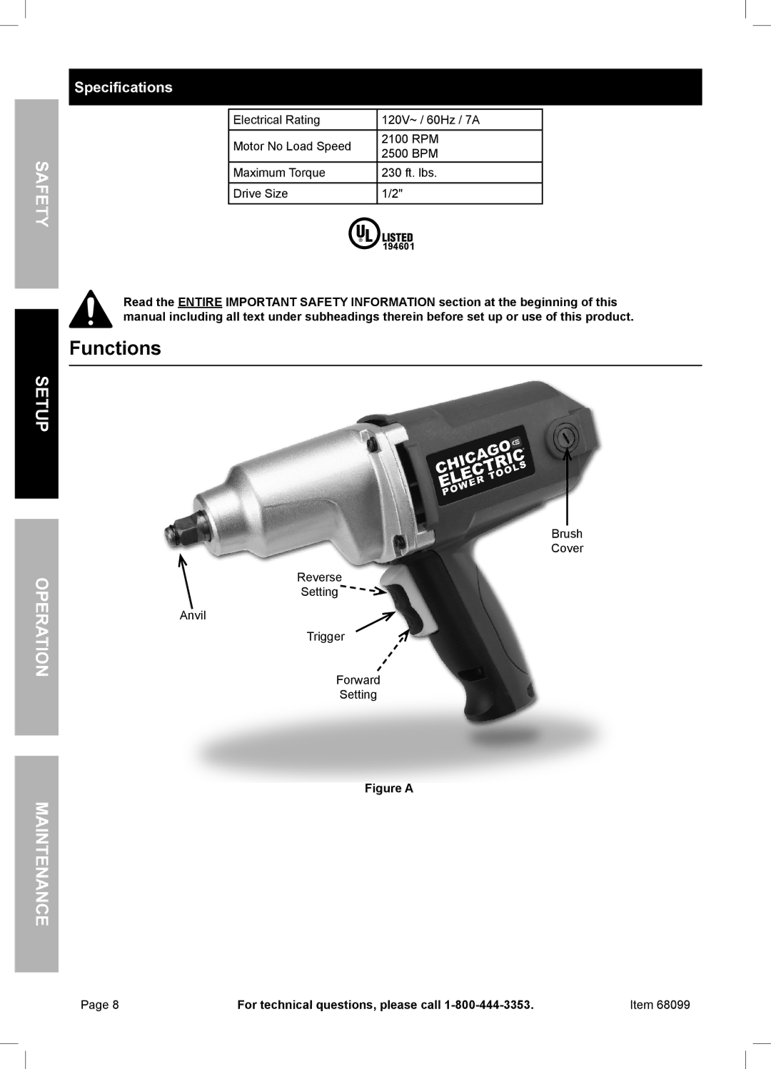 Chicago Electric 68099 owner manual Functions, Setup No rati Ope Maintenan, Specifications, Setup Before Use 