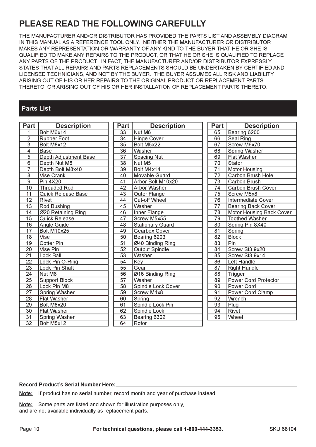 Chicago Electric 68104 manual Parts List, Part Description 