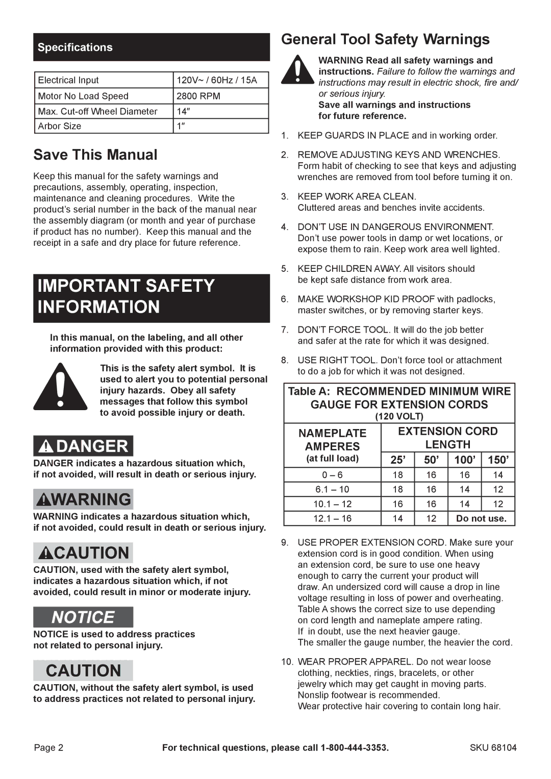 Chicago Electric 68104 Save This Manual, General Tool Safety Warnings, Specifications, Table a Recommended Minimum Wire 