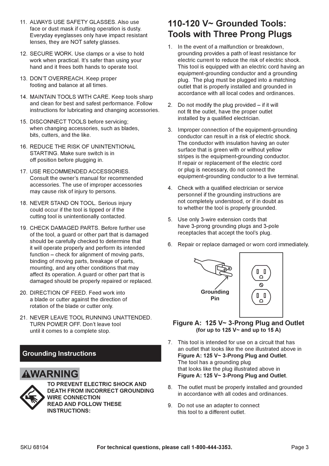 Chicago Electric 68104 manual 110-120 V~ Grounded Tools Tools with Three Prong Plugs, Grounding Instructions, Grounding Pin 