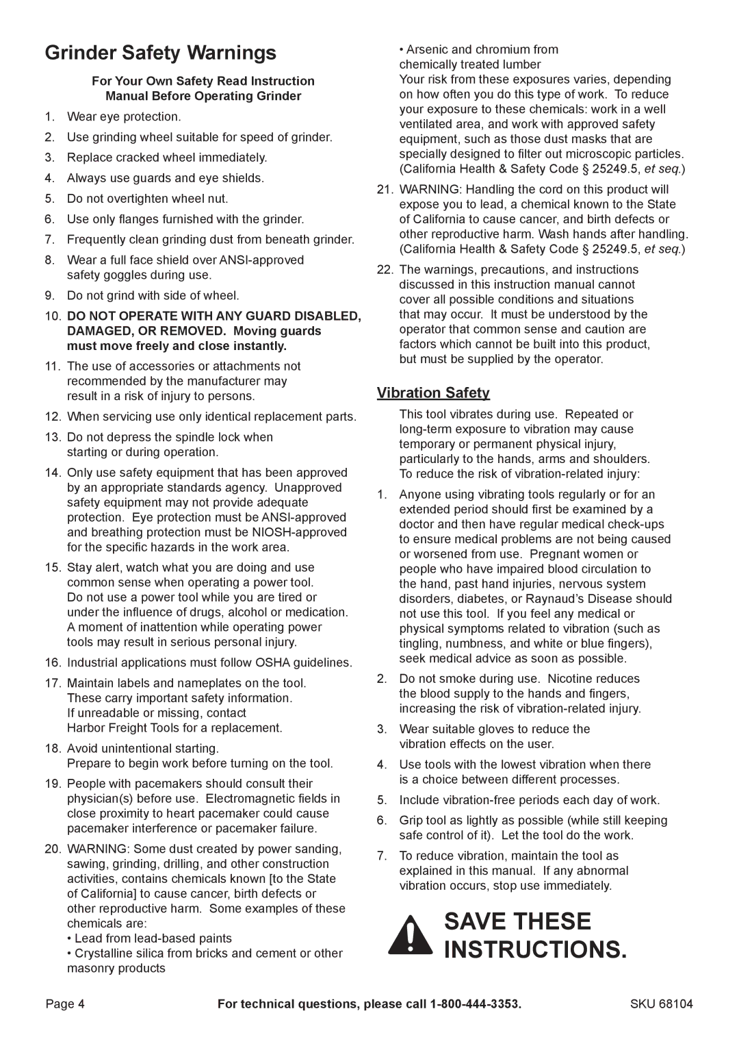 Chicago Electric 68104 manual Grinder Safety Warnings, Vibration Safety 