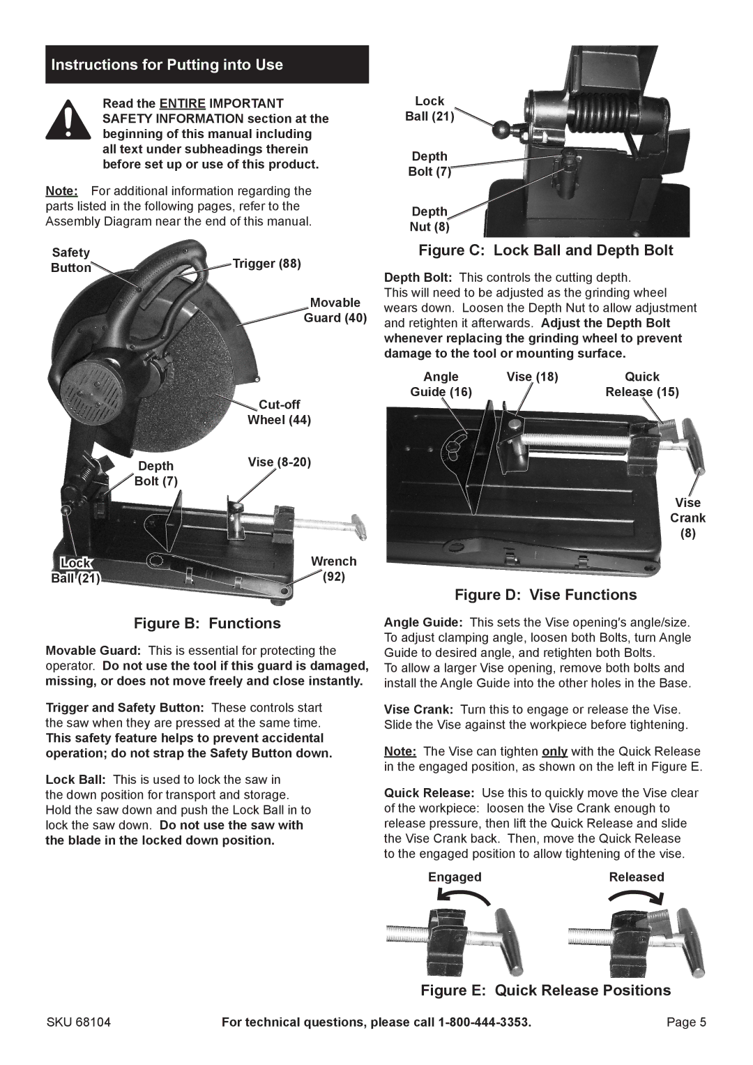 Chicago Electric 68104 manual Instructions for Putting into Use, Lock Ball Depth Bolt Nut, EngagedReleased 