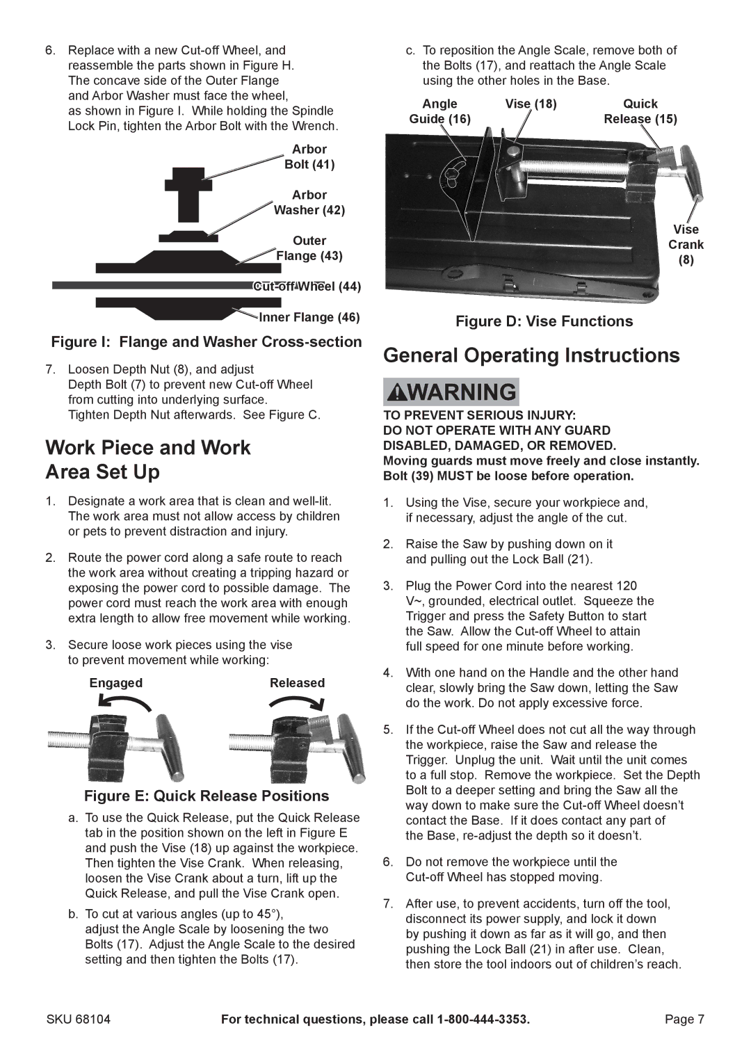 Chicago Electric 68104 manual Work Piece and Work Area Set Up, General Operating Instructions 