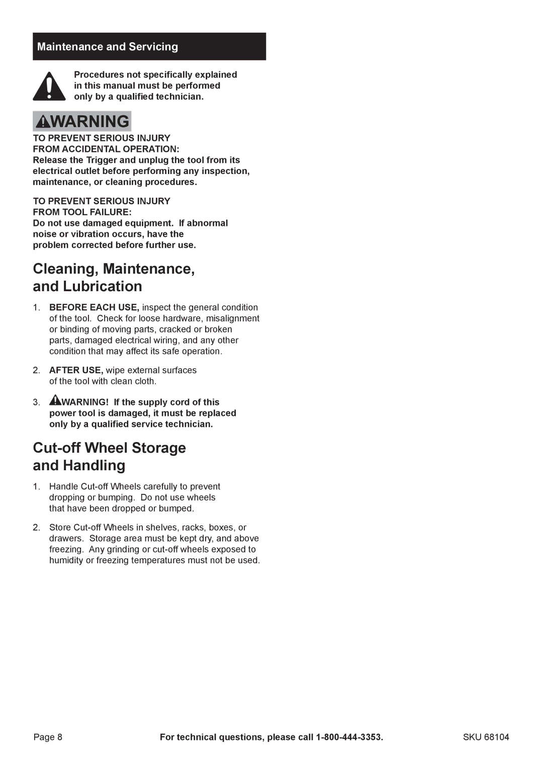 Chicago Electric 68104 manual Cleaning, Maintenance, and Lubrication, Cut-off Wheel Storage and Handling 