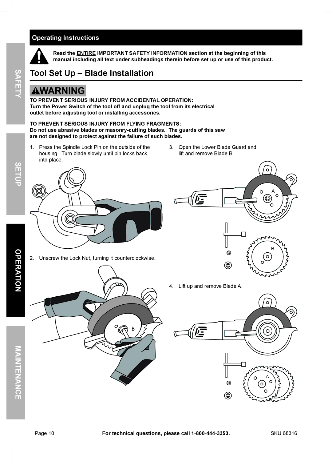 Chicago Electric 68316 owner manual Tool Set Up Blade Installation, Operating Instructions 