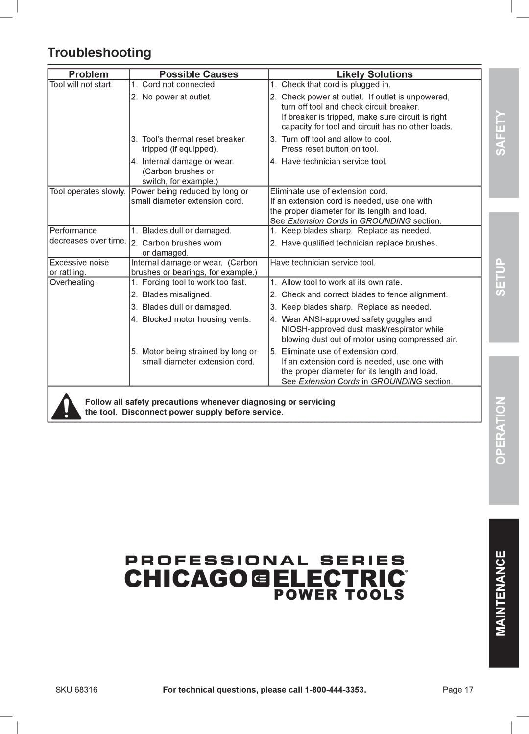 Chicago Electric 68316 owner manual Troubleshooting, Problem Possible Causes Likely Solutions 