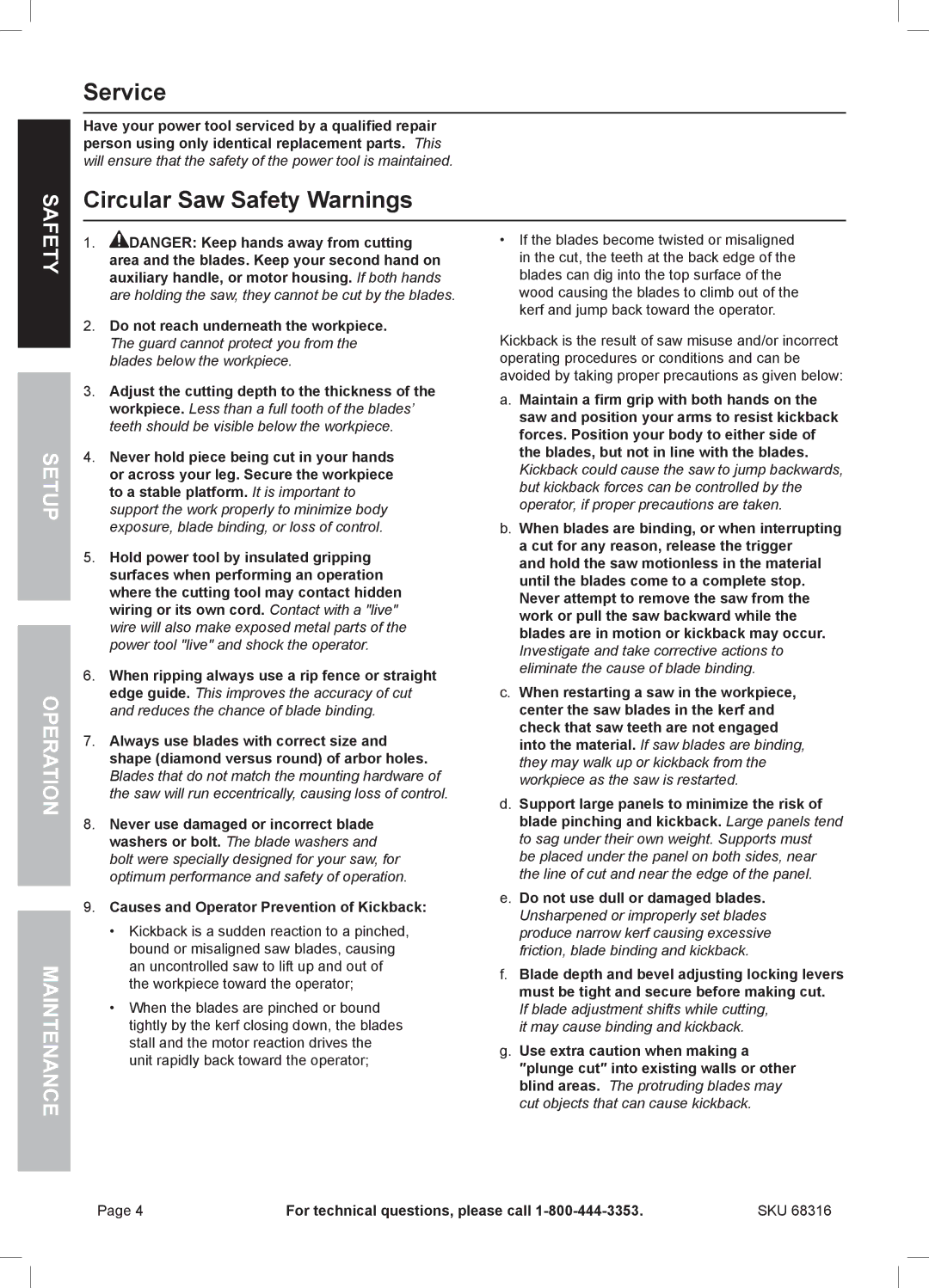 Chicago Electric 68316 owner manual Service, Circular Saw Safety Warnings, Safety Setup Operation Maintenance 