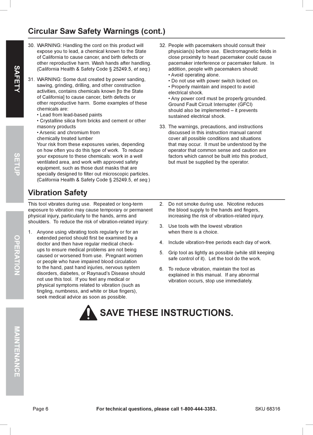 Chicago Electric 68316 owner manual Vibration Safety, Safety Setup 