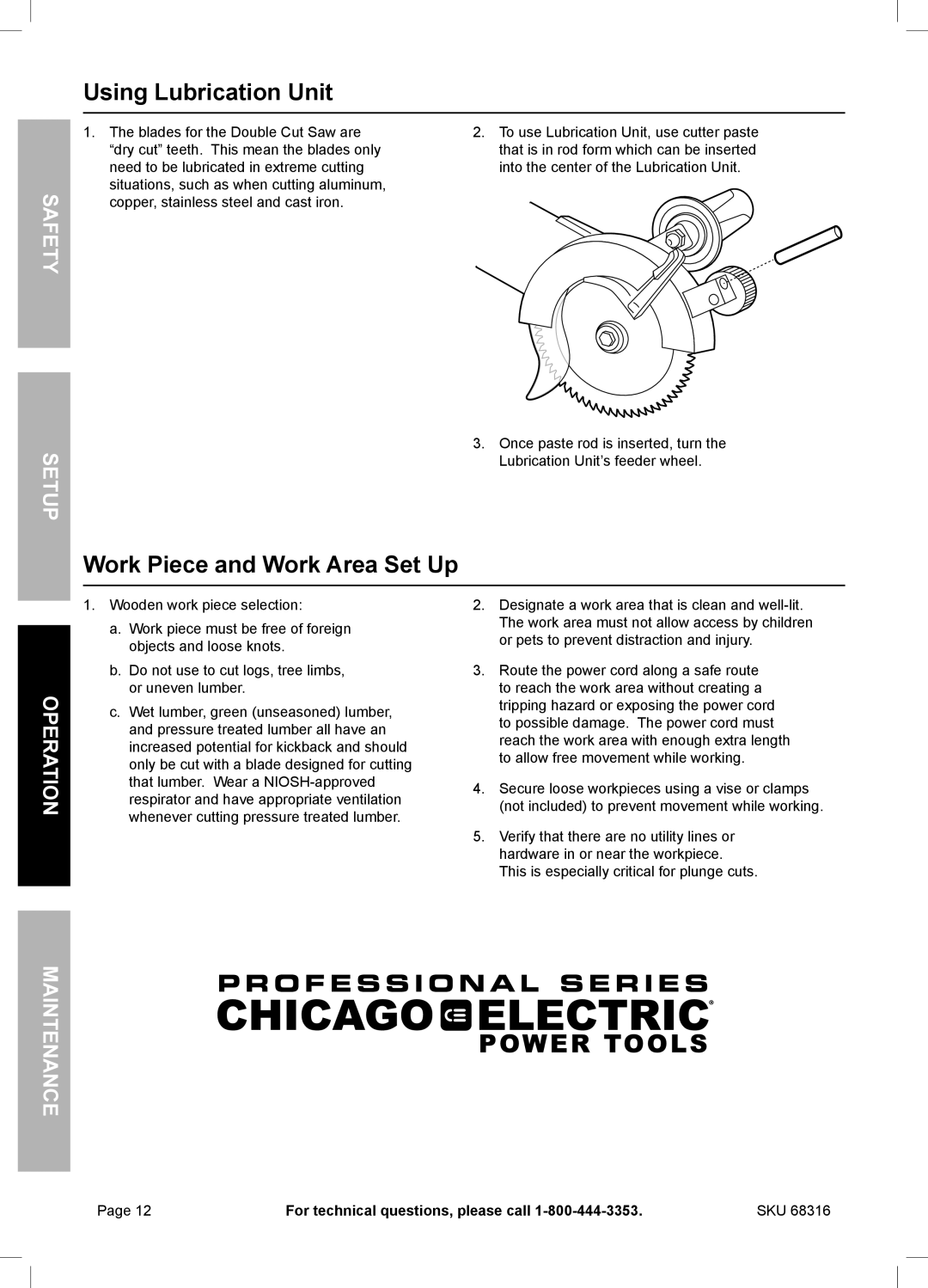Chicago Electric 68316 Using Lubrication Unit, Work Piece and Work Area Set Up, Operation Maintenance, Safety Setup 