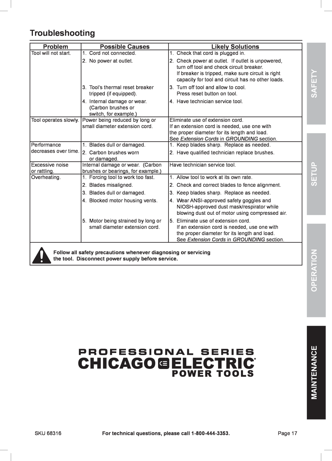 Chicago Electric 68316 Troubleshooting, Problem, Possible Causes, Likely Solutions, Safety Setup Operation Maintenance 