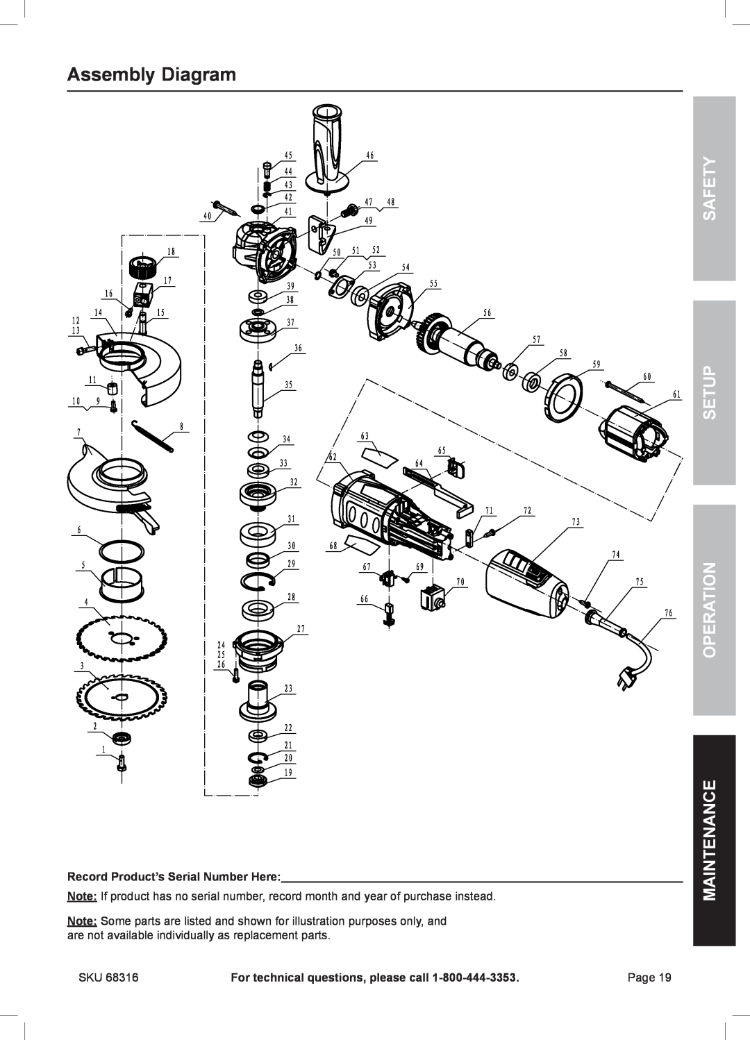 Chicago Electric 68316 owner manual Assembly Diagram, Safety Setup Operation Maintenance 