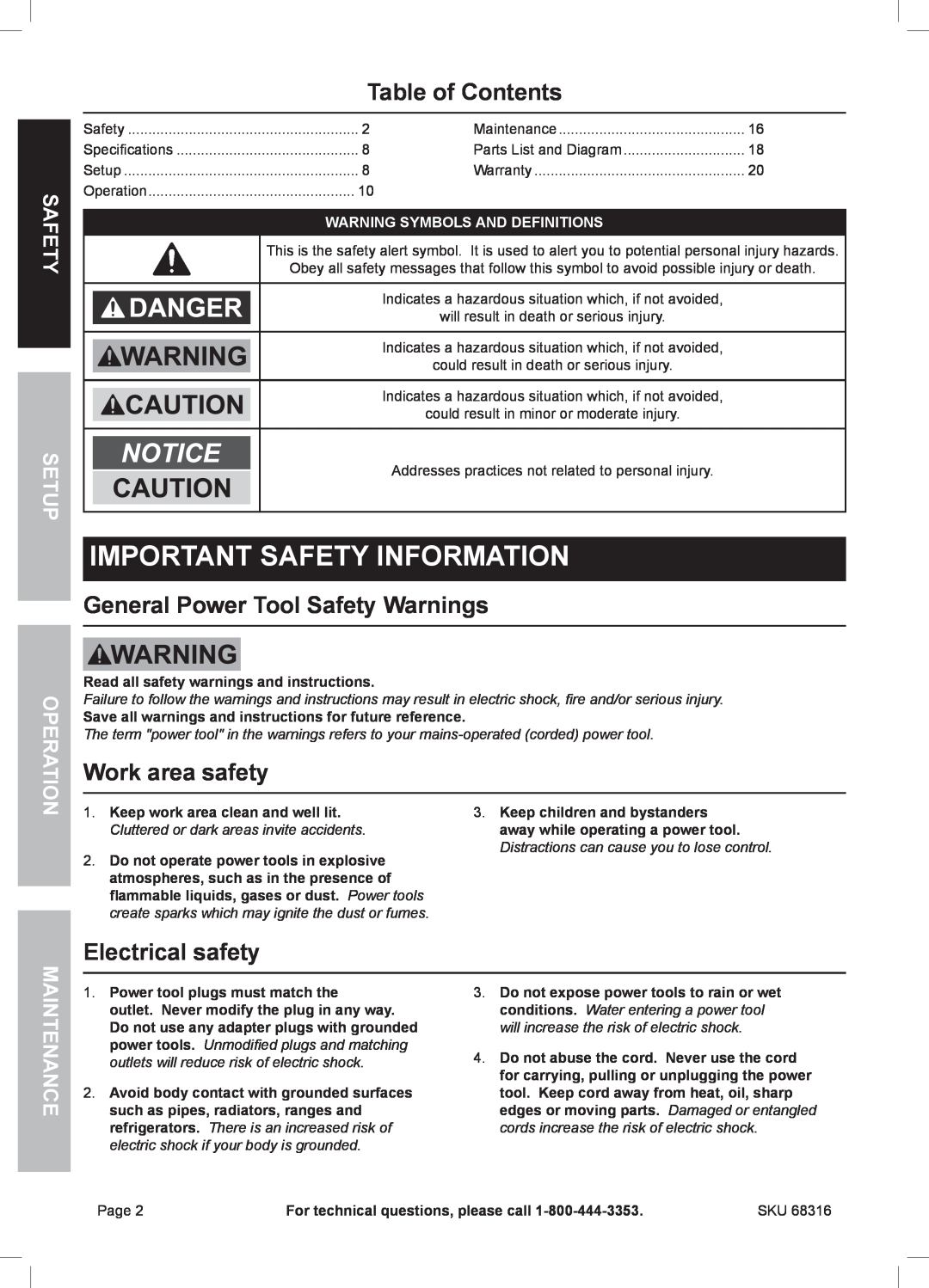 Chicago Electric 68316 Table of Contents, General Power Tool Safety Warnings, Work area safety, Electrical safety 