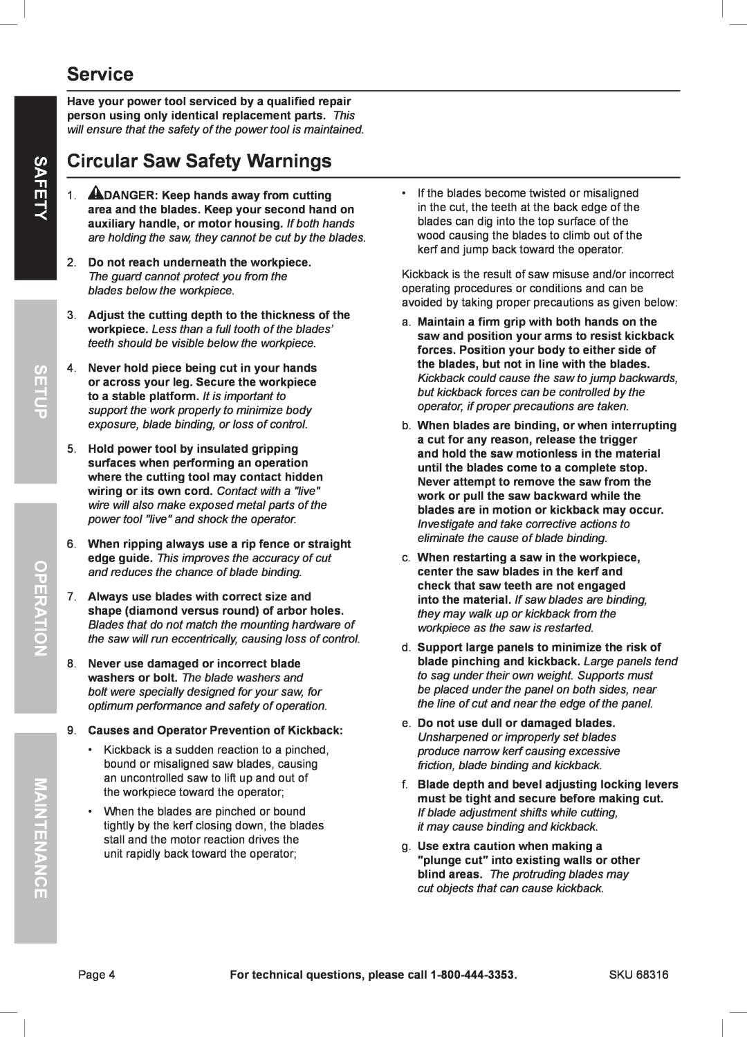 Chicago Electric 68316 owner manual Service, Circular Saw Safety Warnings, Safety Setup Operation Maintenance 